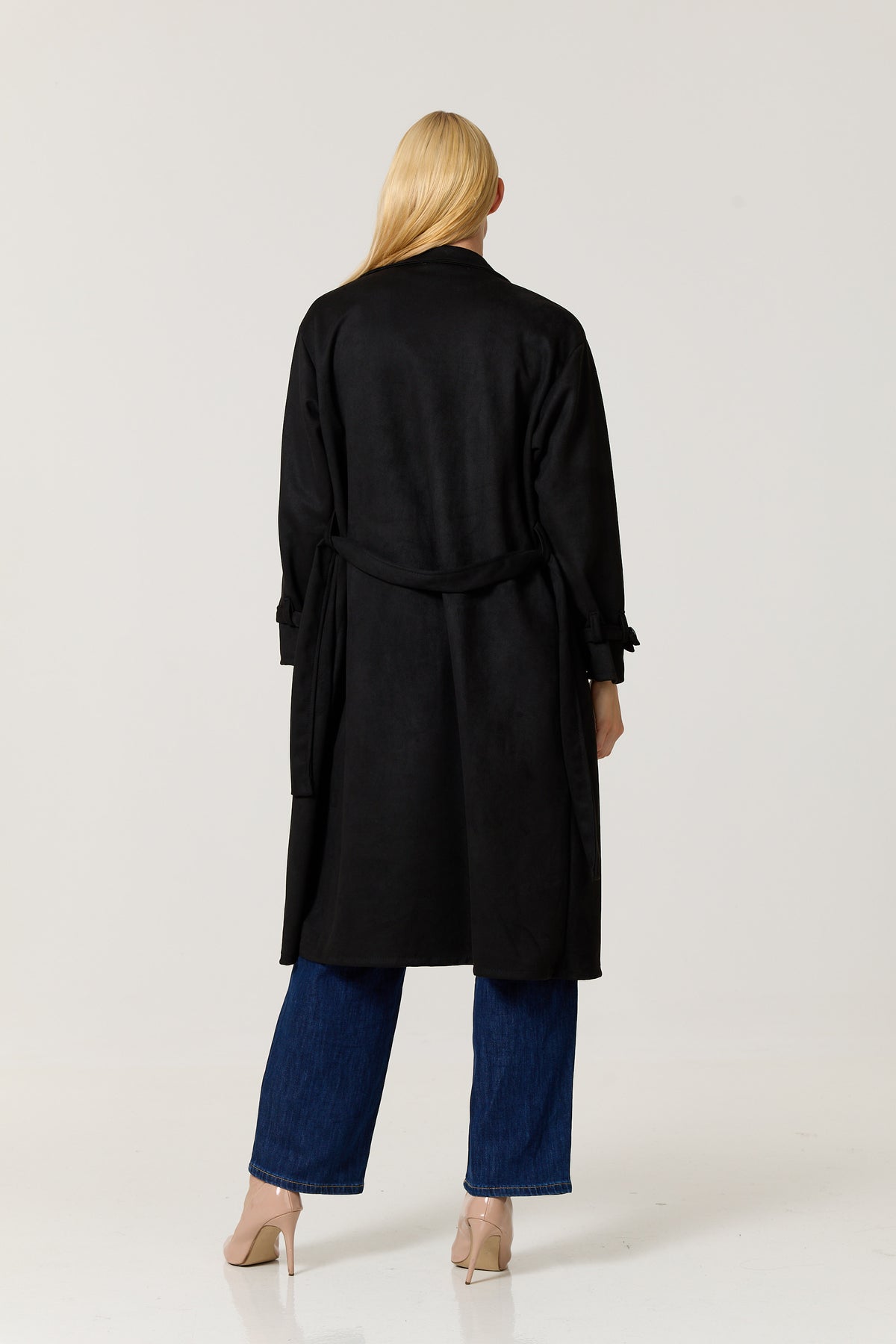 
                  
                    Black Faux Suede Belted Trench Coat
                  
                