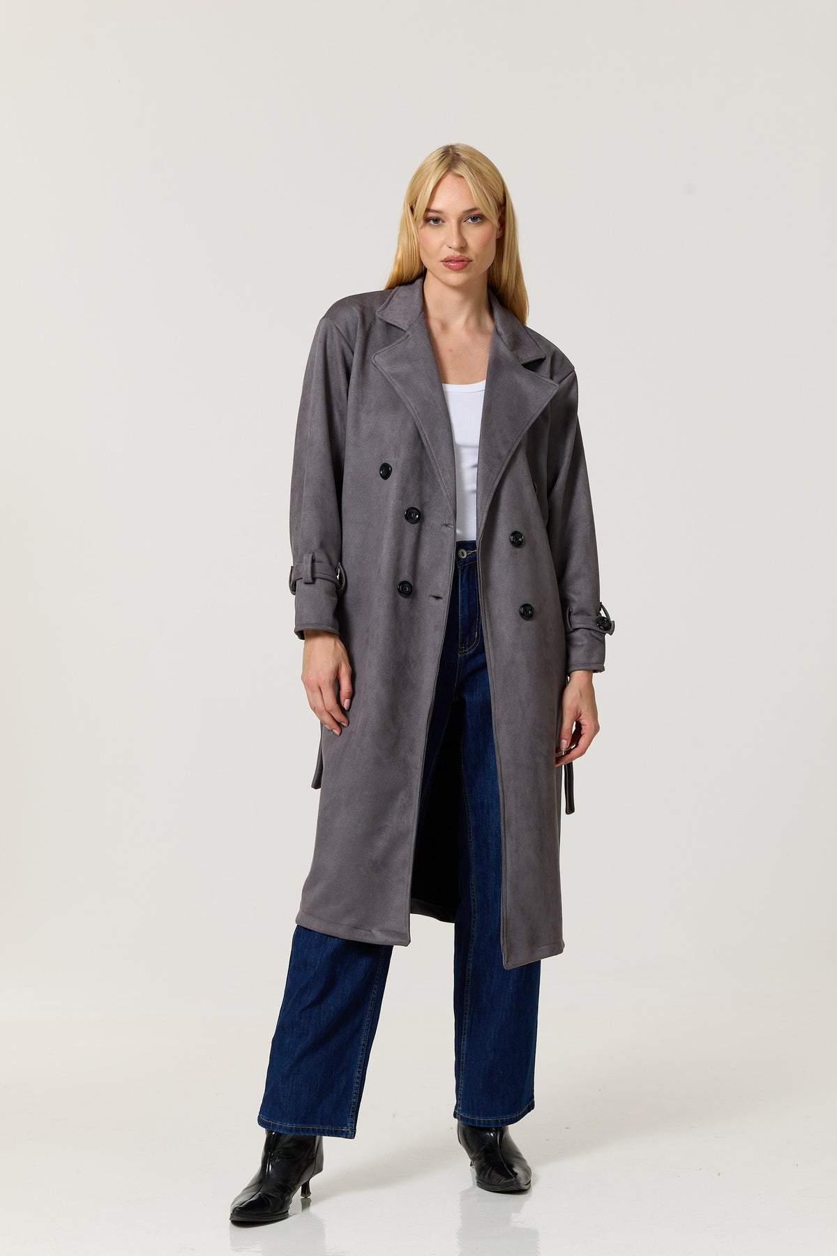 
                  
                    Grey Faux Suede Belted Trench Coat
                  
                