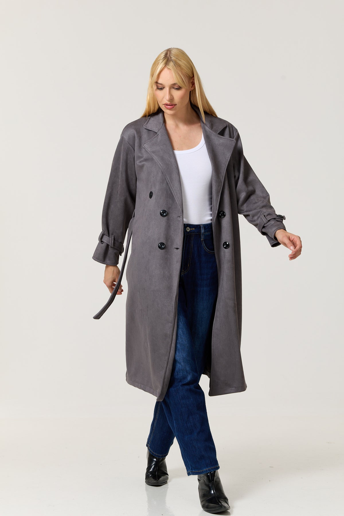 
                  
                    Grey Faux Suede Belted Trench Coat
                  
                