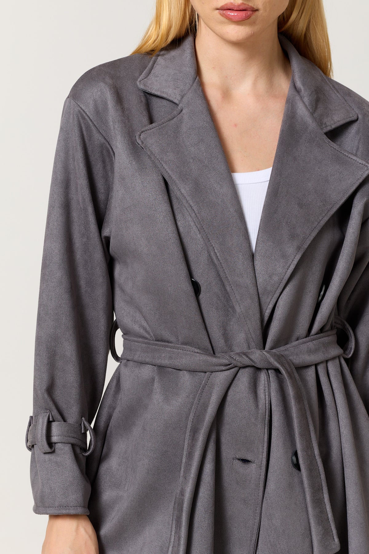 
                  
                    Grey Faux Suede Belted Trench Coat
                  
                