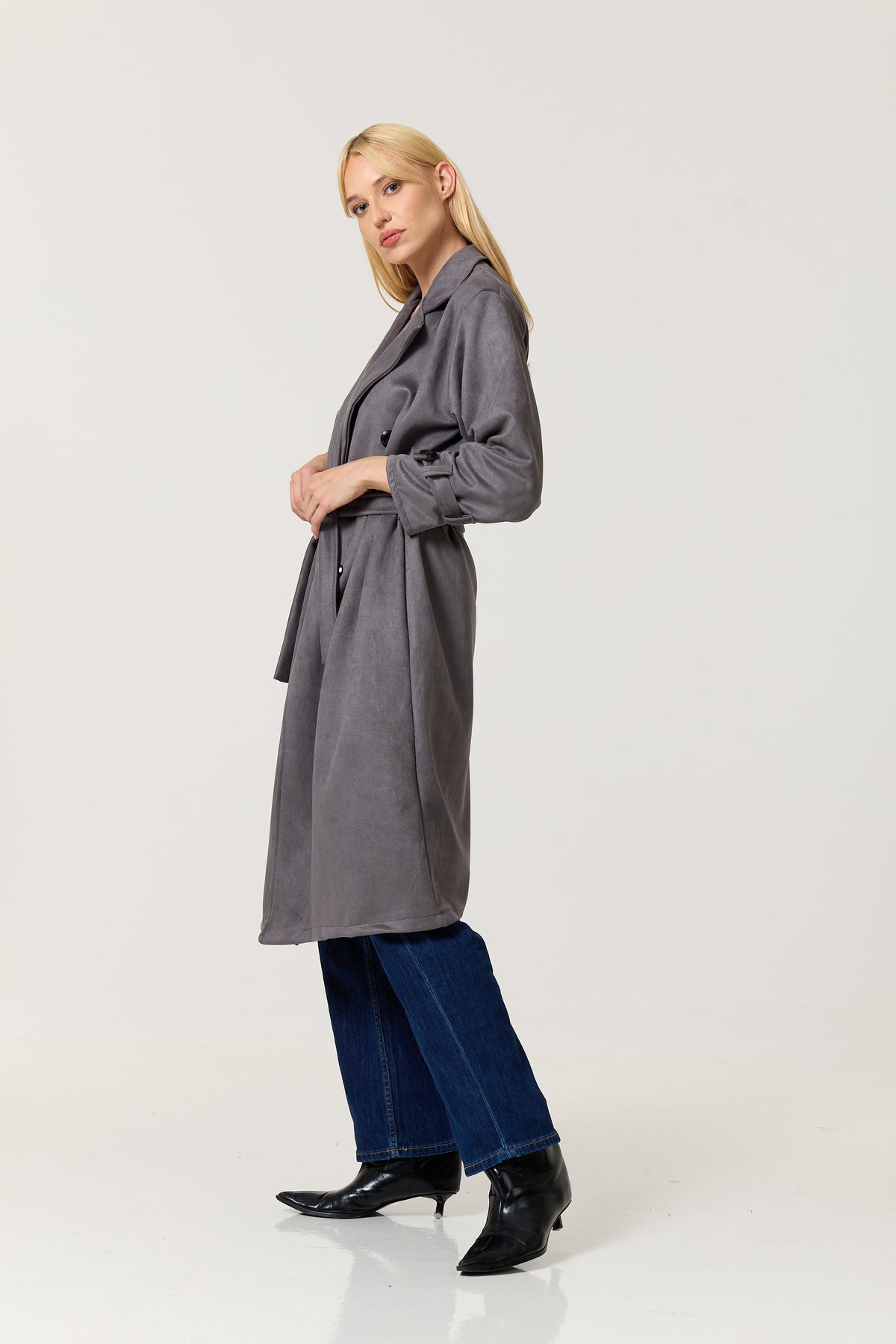 
                  
                    Grey Faux Suede Belted Trench Coat
                  
                