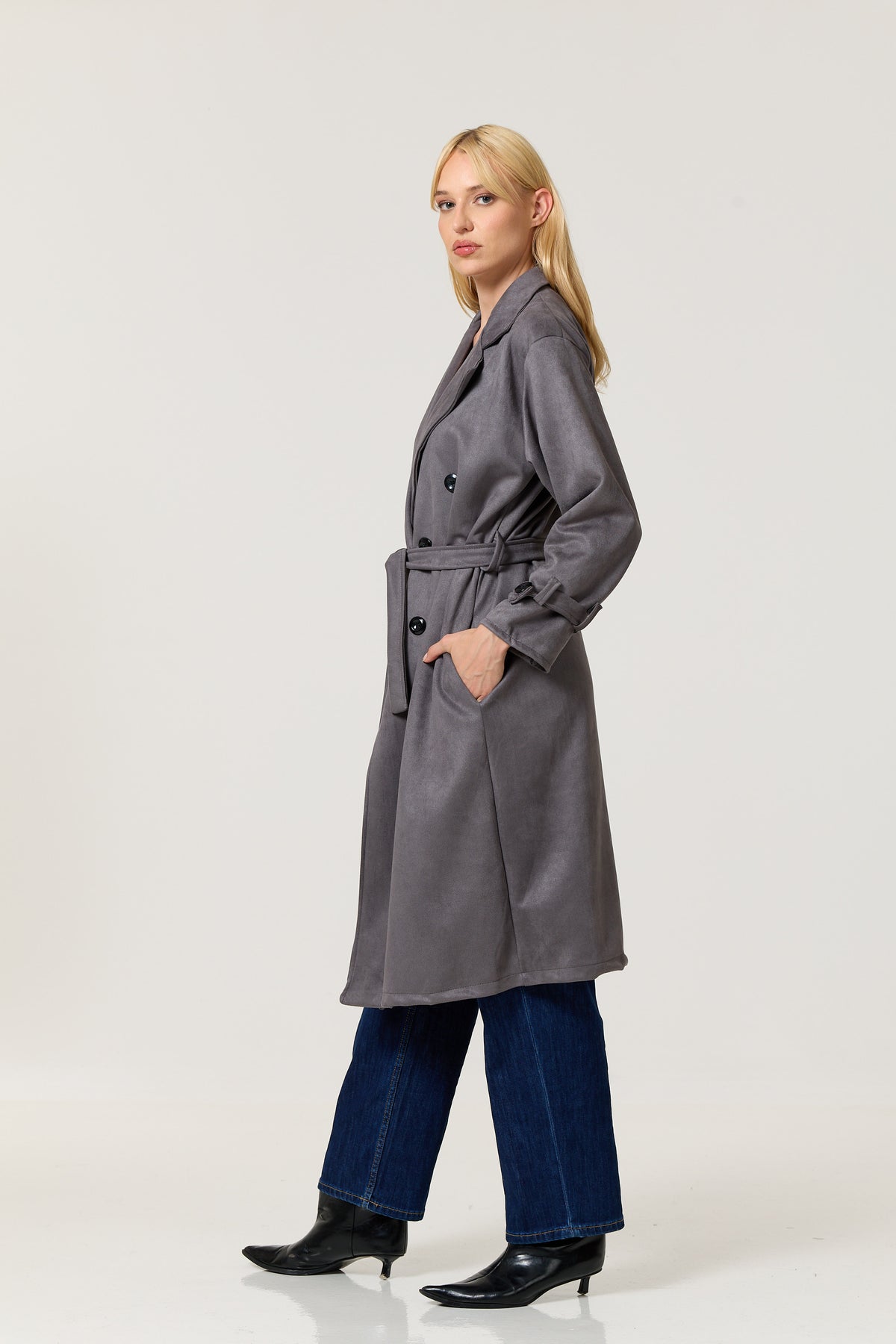 
                  
                    Grey Faux Suede Belted Trench Coat
                  
                