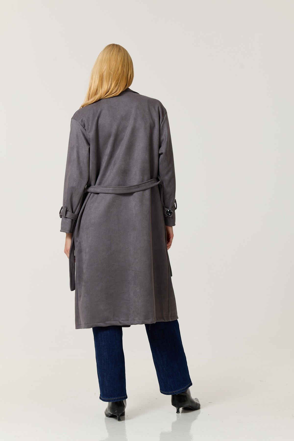 
                  
                    Grey Faux Suede Belted Trench Coat
                  
                