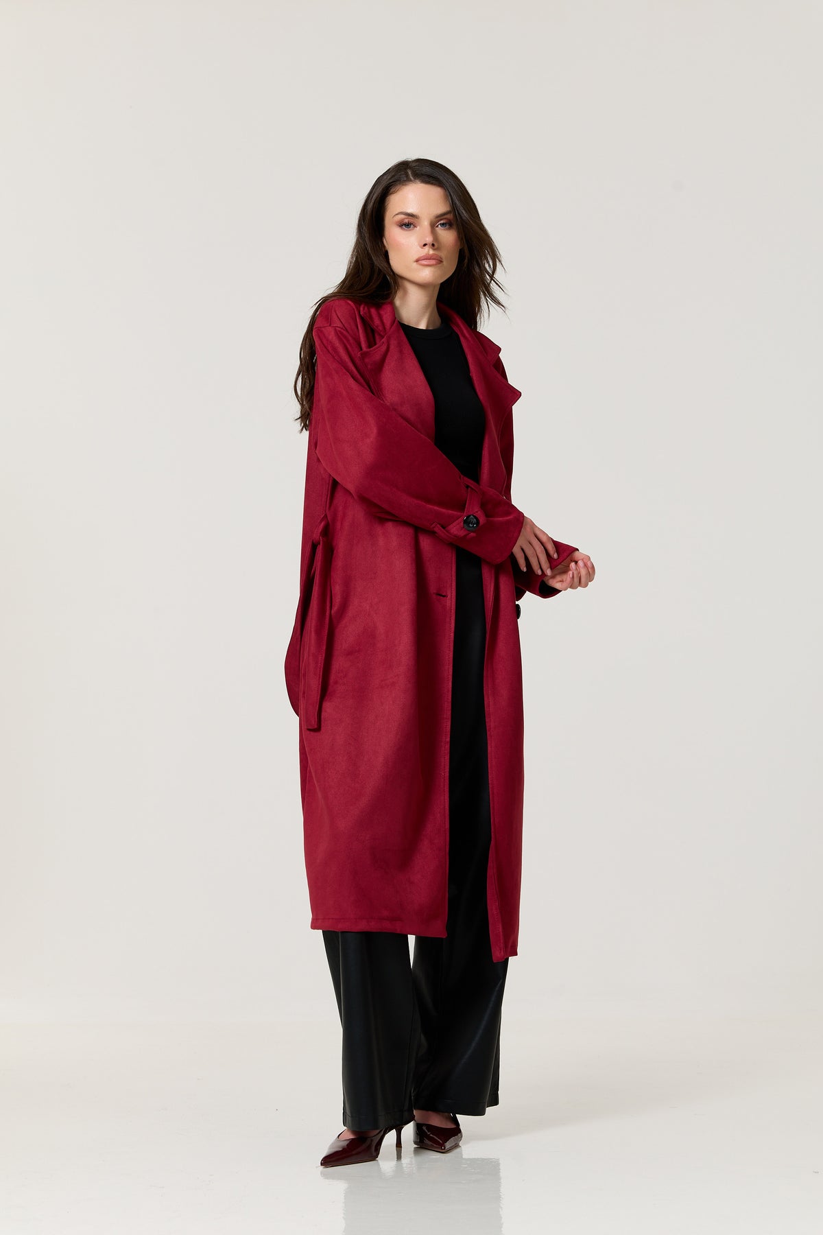 
                  
                    Burgundy Faux Suede Belted Trench Coat
                  
                