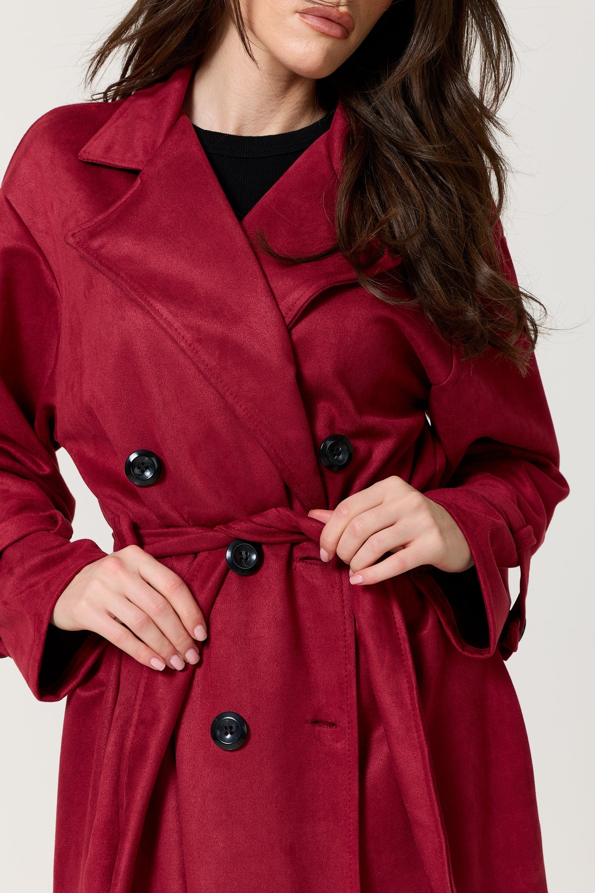 
                  
                    Burgundy Faux Suede Belted Trench Coat
                  
                