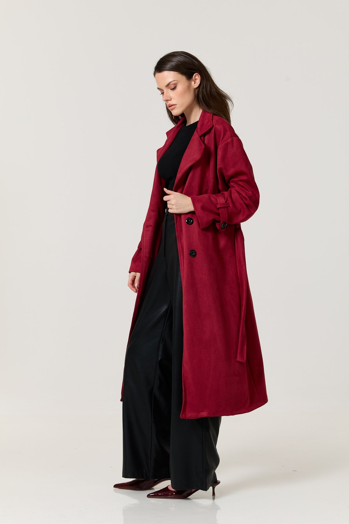
                  
                    Burgundy Faux Suede Belted Trench Coat
                  
                