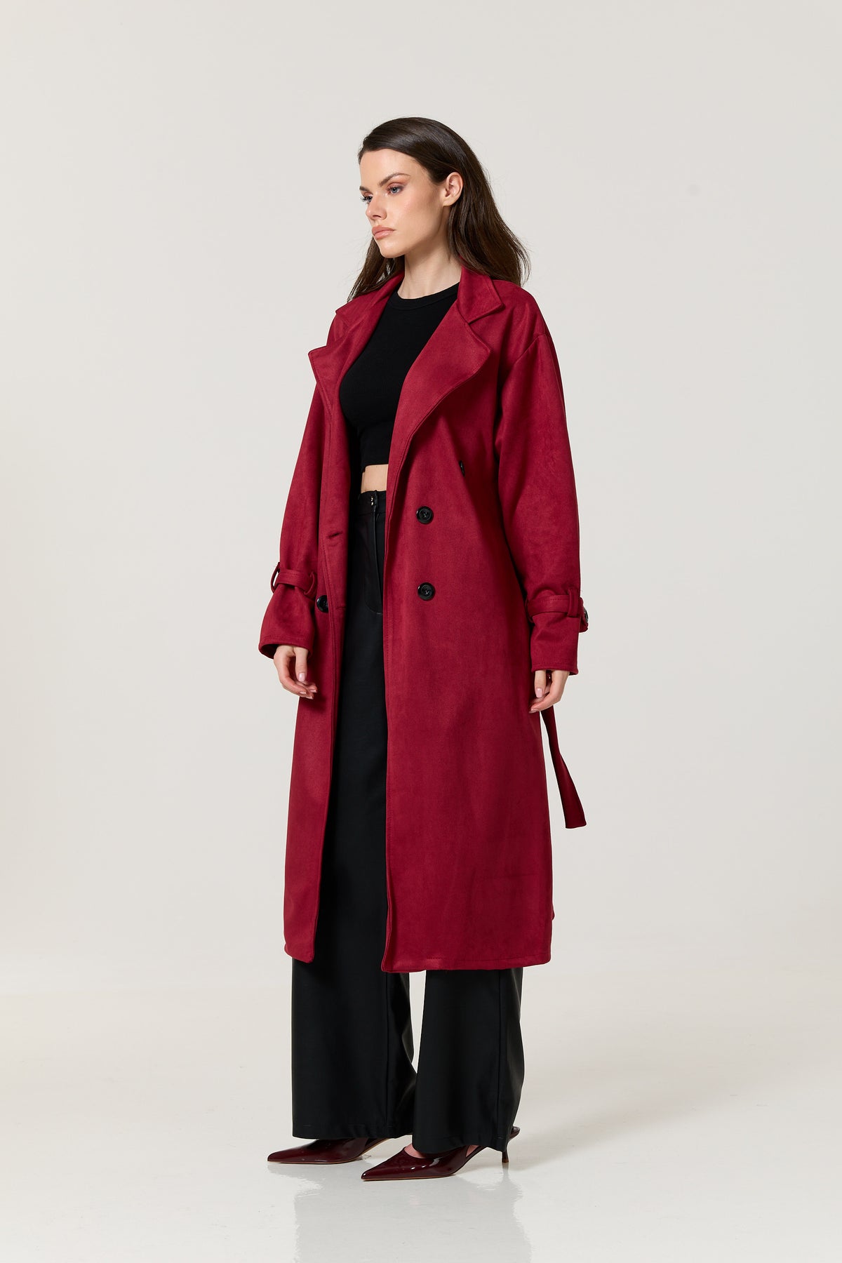 
                  
                    Burgundy Faux Suede Belted Trench Coat
                  
                