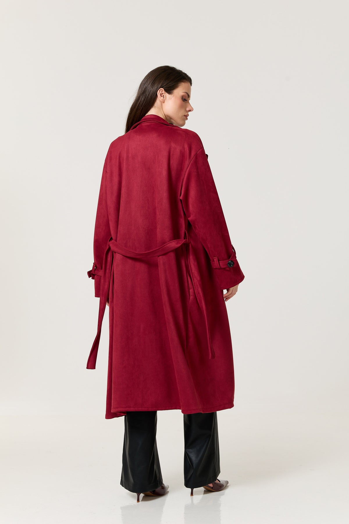 
                  
                    Burgundy Faux Suede Belted Trench Coat
                  
                