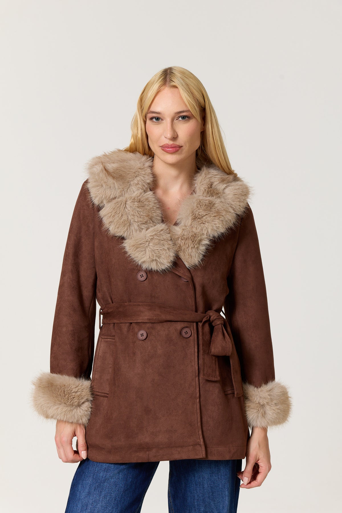 
                  
                    Brown Faux Fur Trim Belted Coat
                  
                