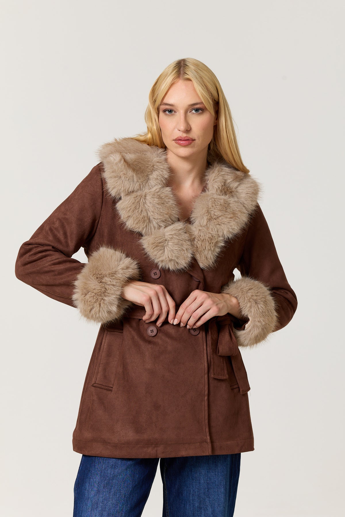 
                  
                    Brown Faux Fur Trim Belted Coat
                  
                