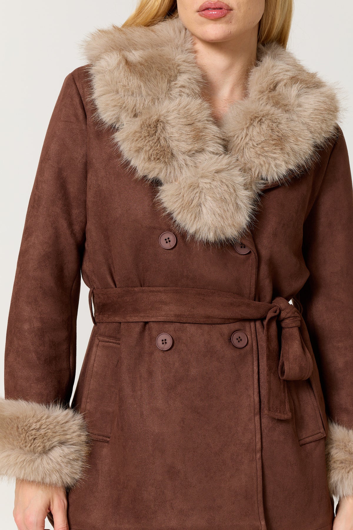 
                  
                    Brown Faux Fur Trim Belted Coat
                  
                