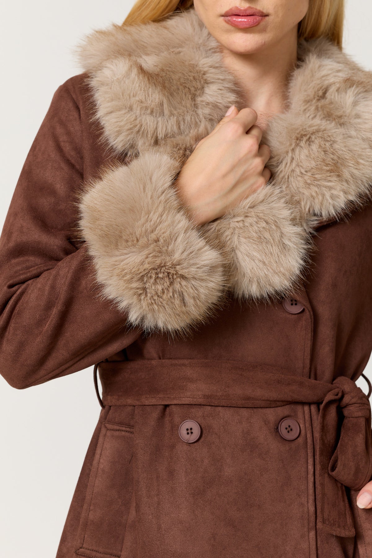 
                  
                    Brown Faux Fur Trim Belted Coat
                  
                