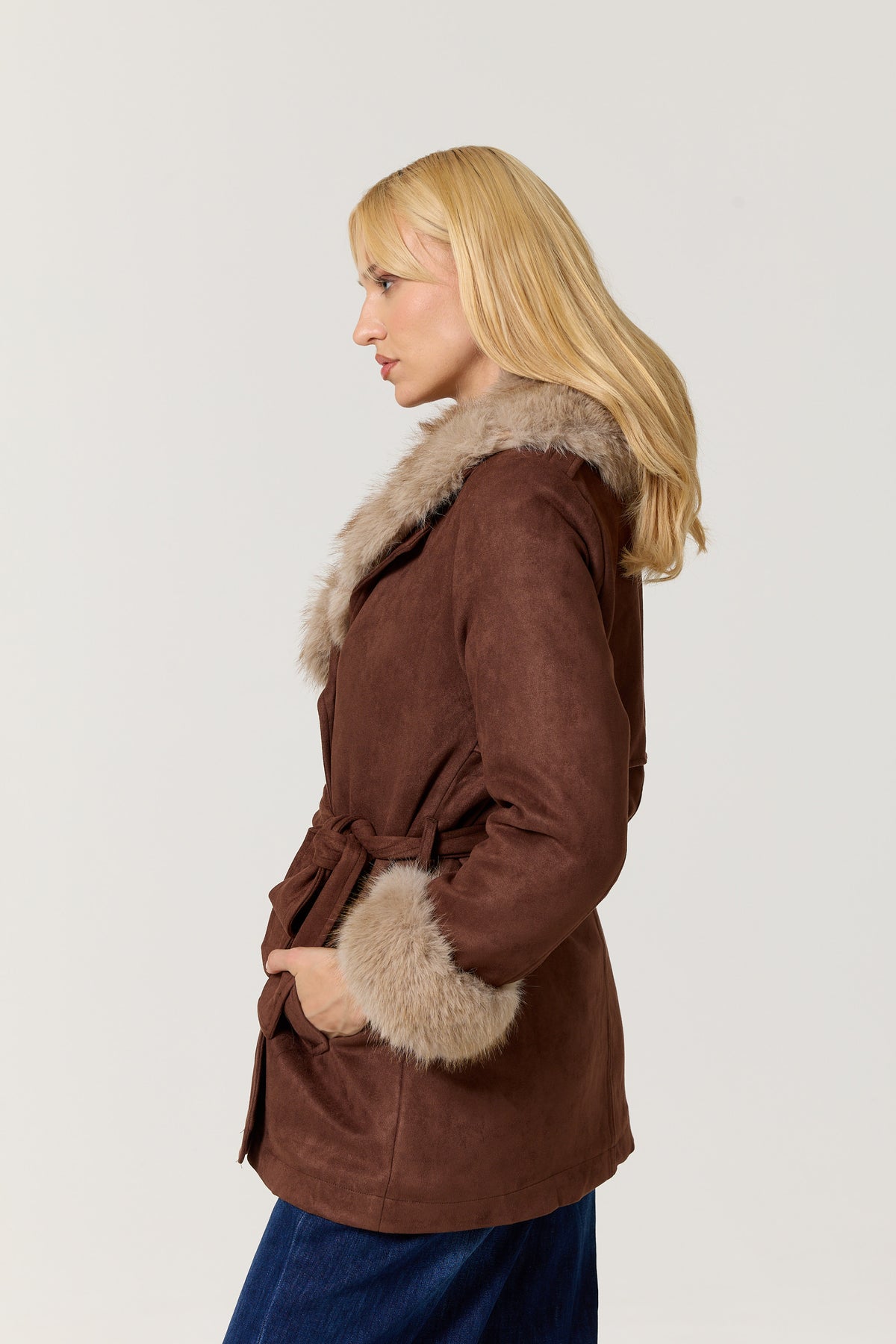 
                  
                    Brown Faux Fur Trim Belted Coat
                  
                