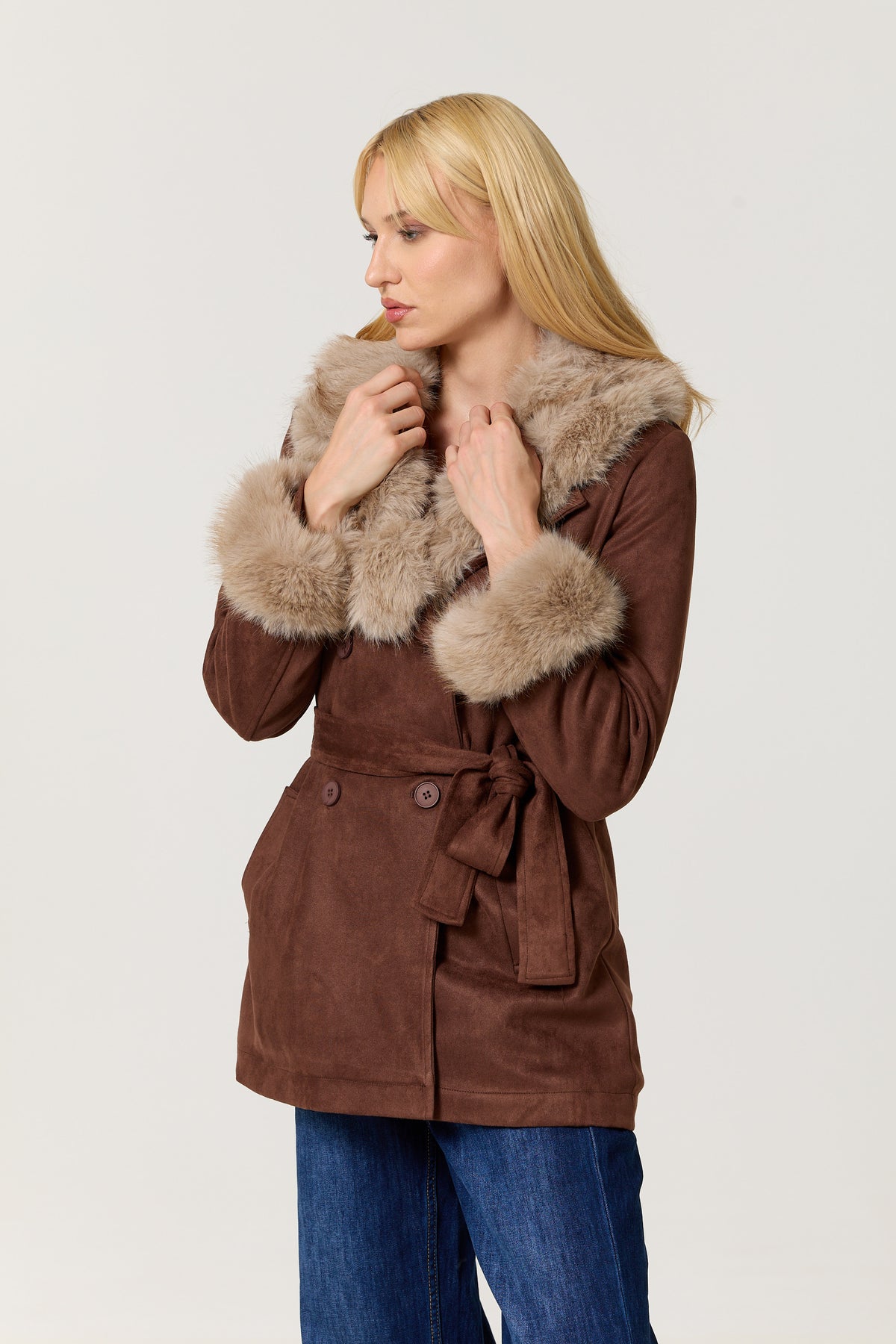 
                  
                    Brown Faux Fur Trim Belted Coat
                  
                