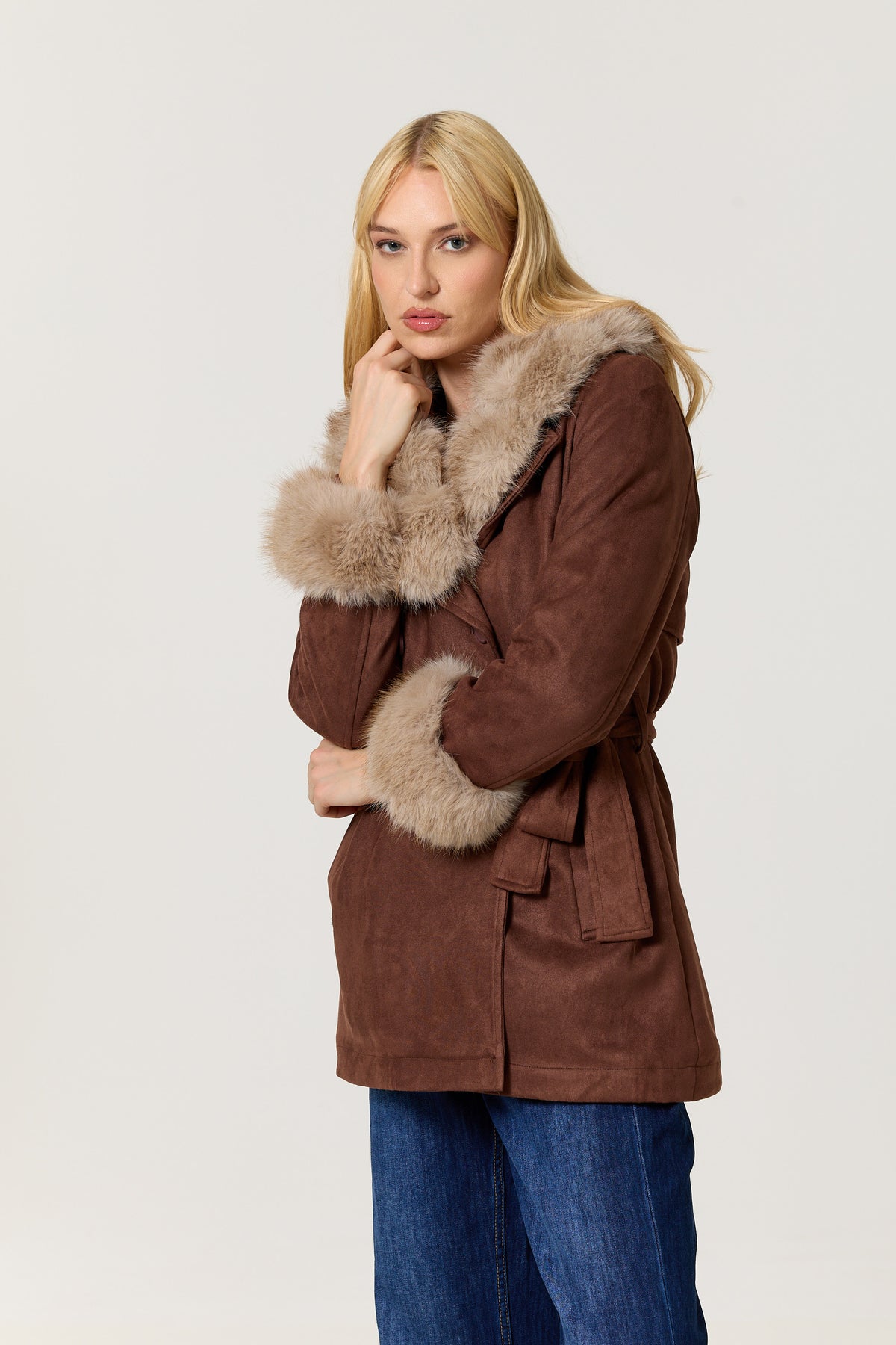 
                  
                    Brown Faux Fur Trim Belted Coat
                  
                