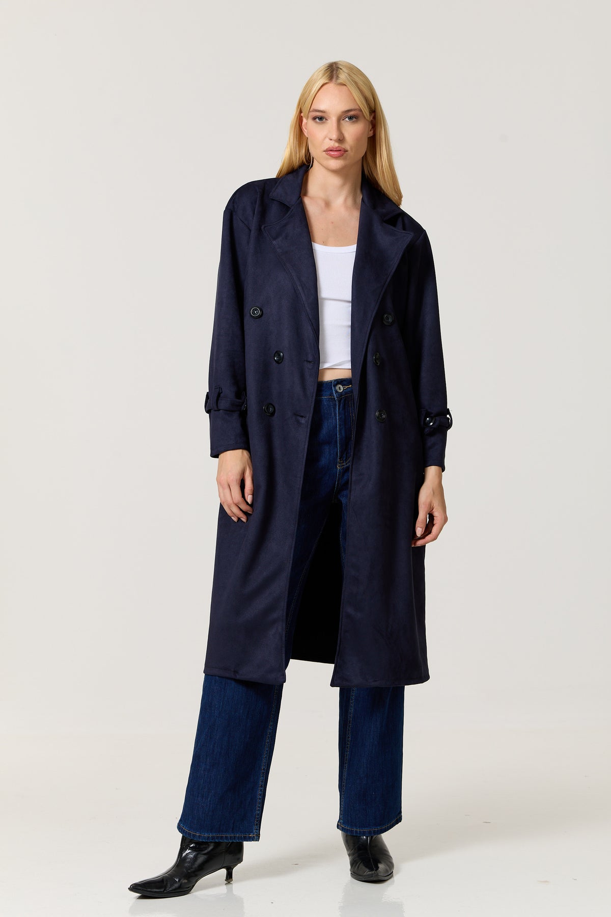 
                  
                    Navy Faux Suede Belted Trench Coat
                  
                