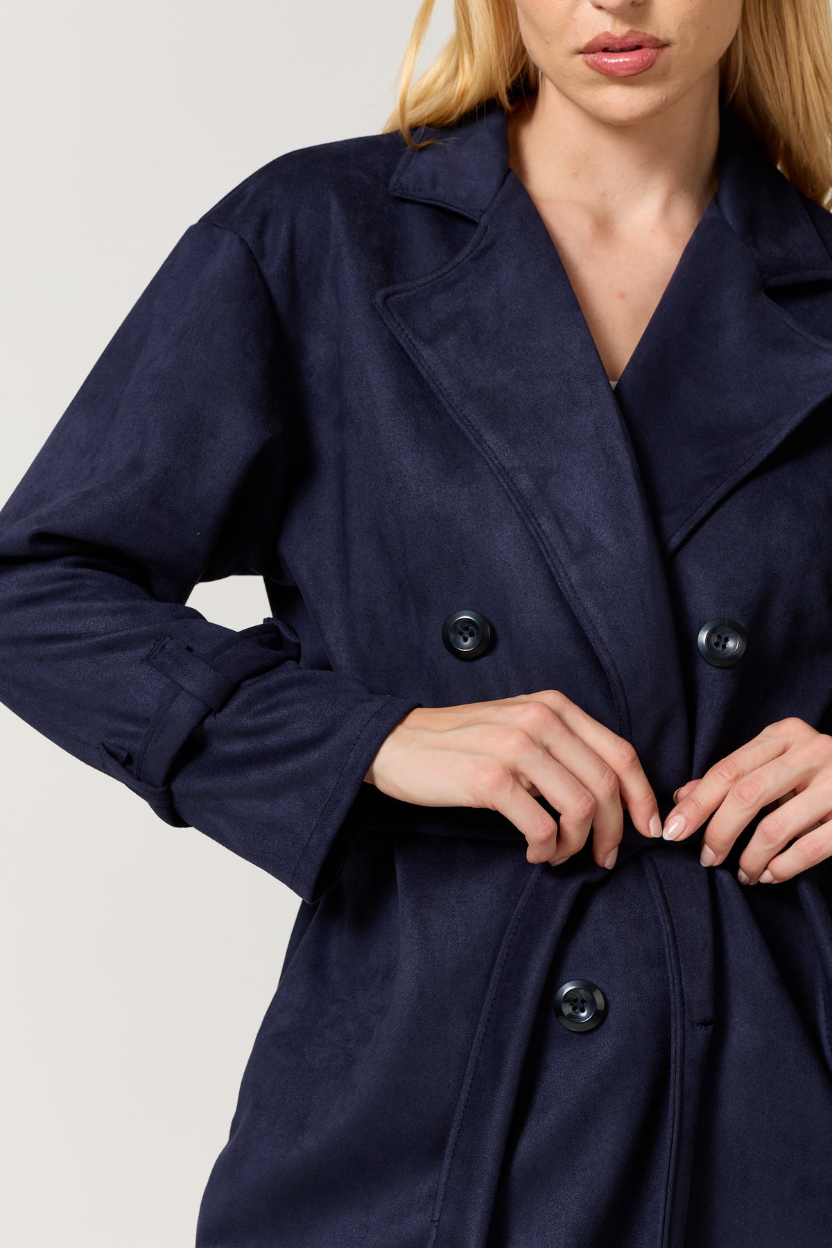 
                  
                    Navy Faux Suede Belted Trench Coat
                  
                
