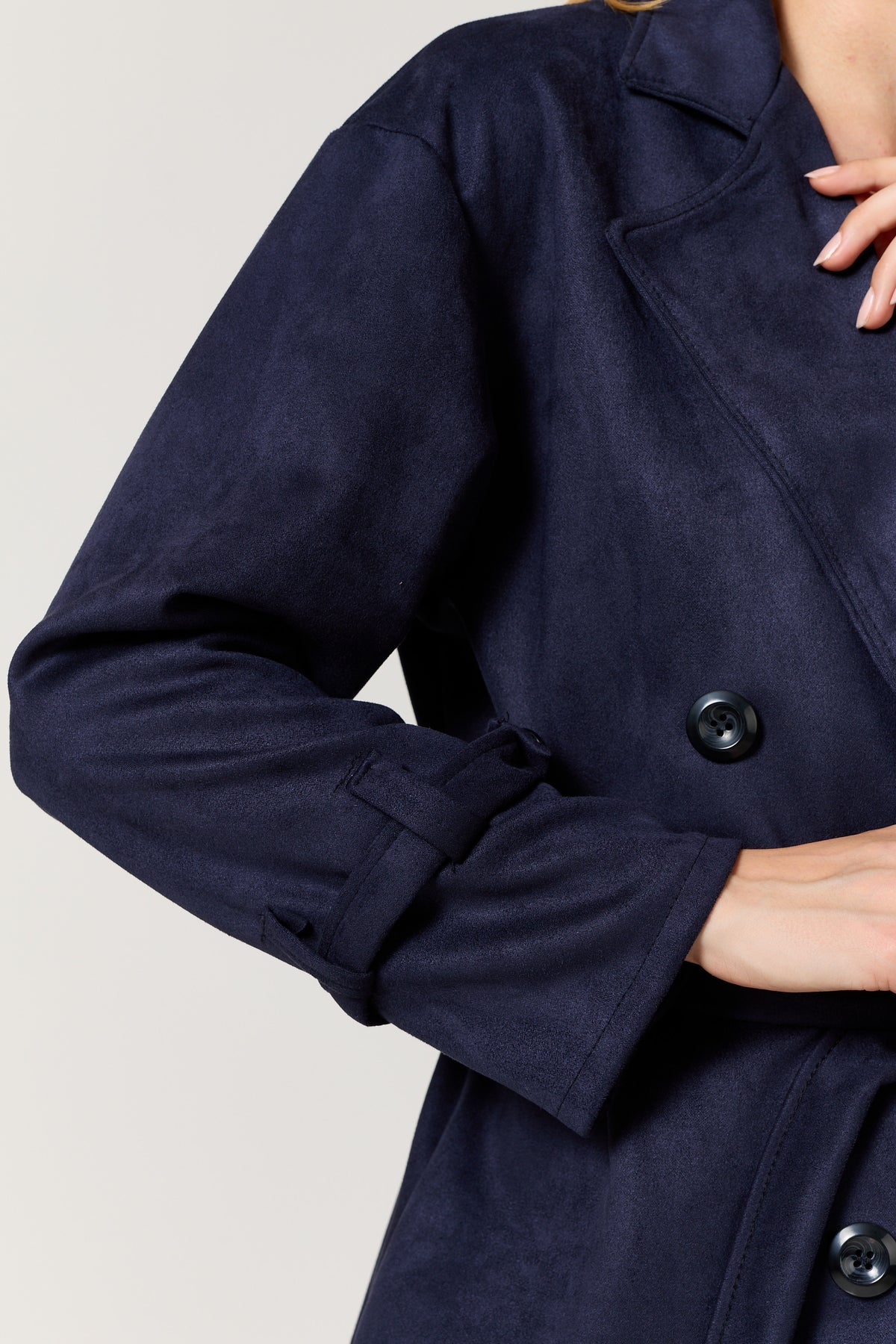 
                  
                    Navy Faux Suede Belted Trench Coat
                  
                