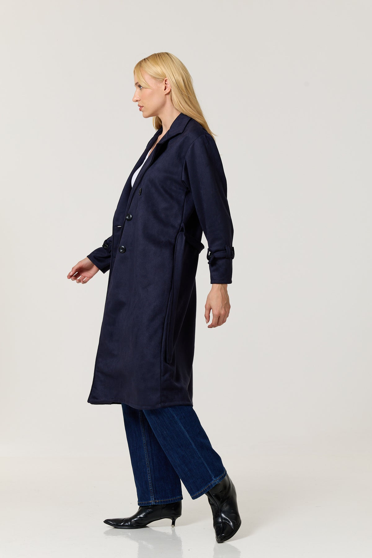 
                  
                    Navy Faux Suede Belted Trench Coat
                  
                