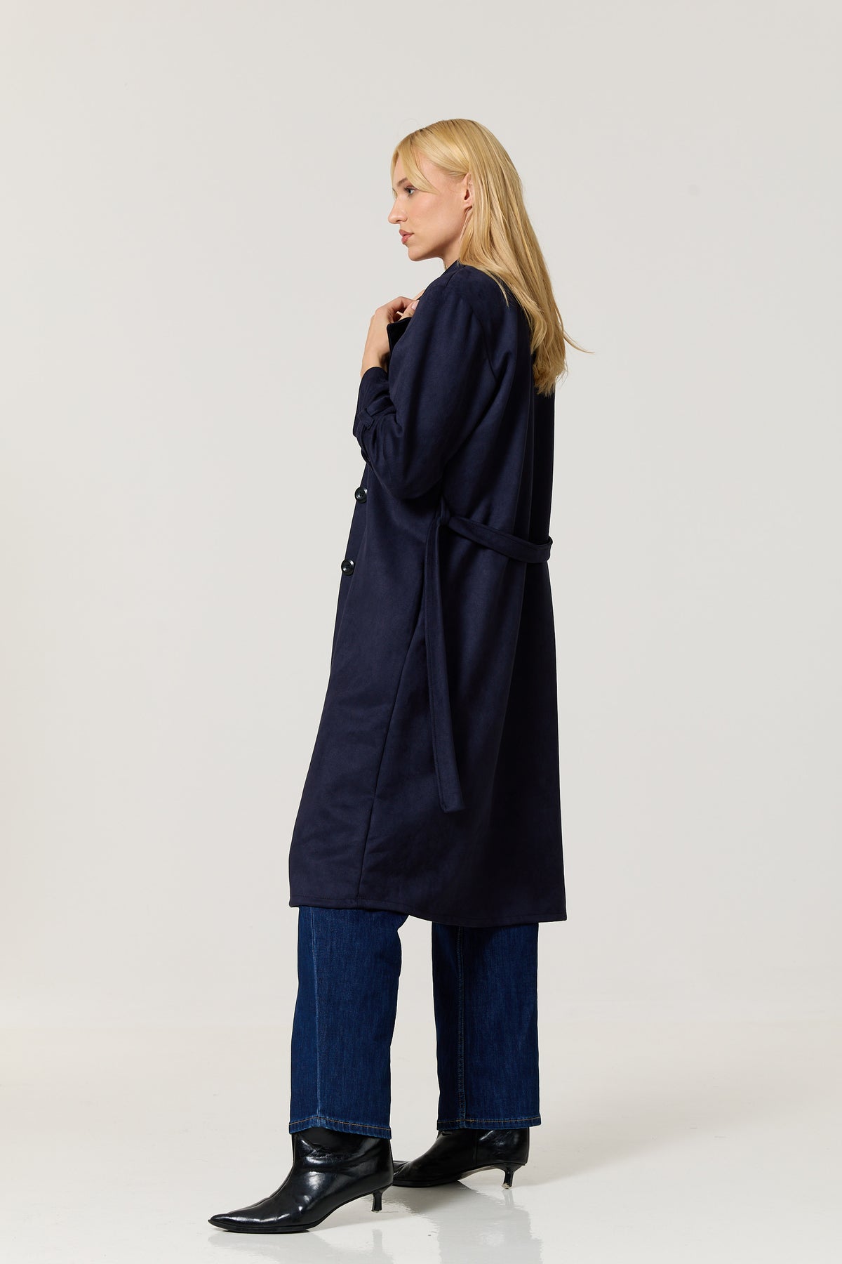 
                  
                    Navy Faux Suede Belted Trench Coat
                  
                