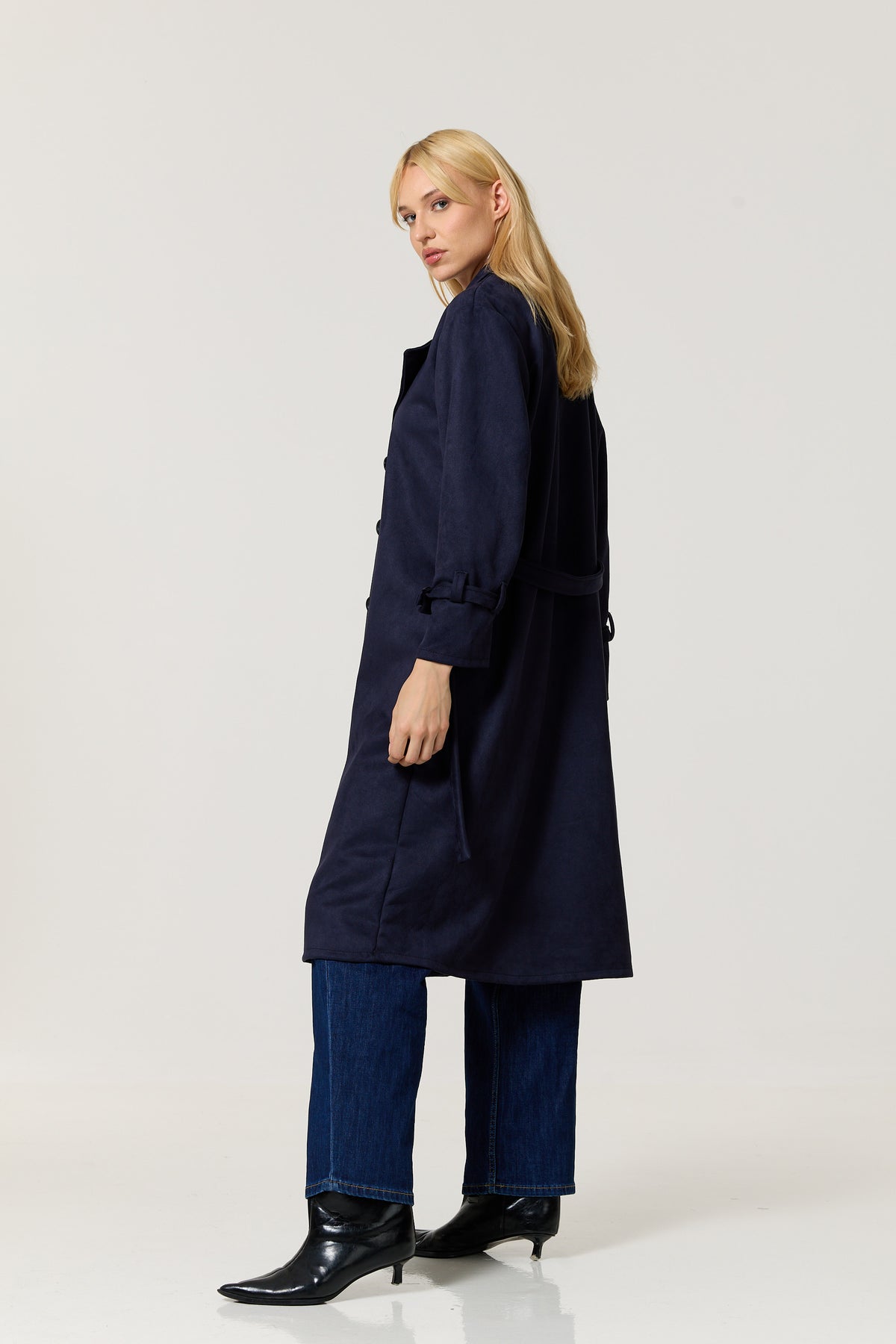 
                  
                    Navy Faux Suede Belted Trench Coat
                  
                