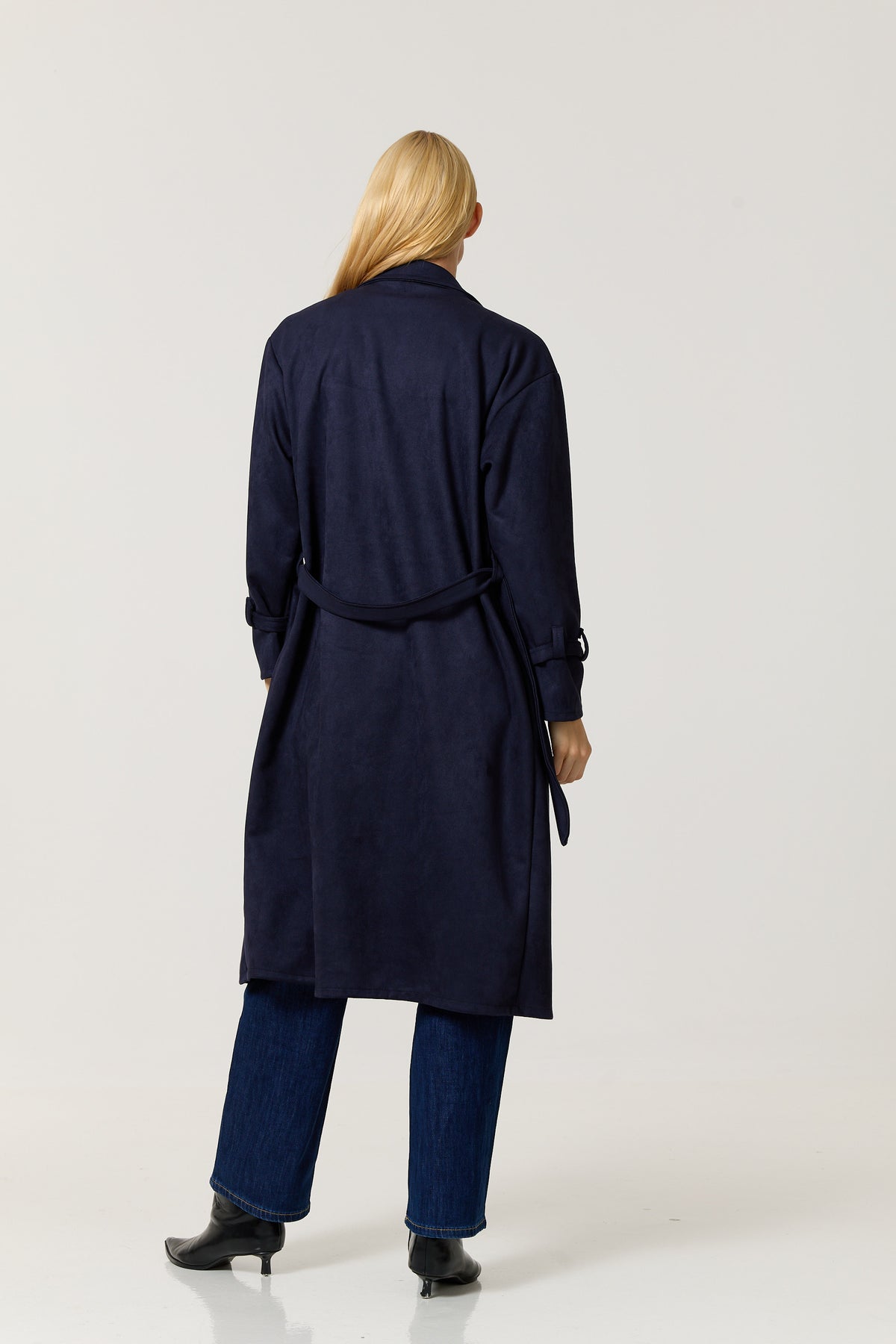 
                  
                    Navy Faux Suede Belted Trench Coat
                  
                