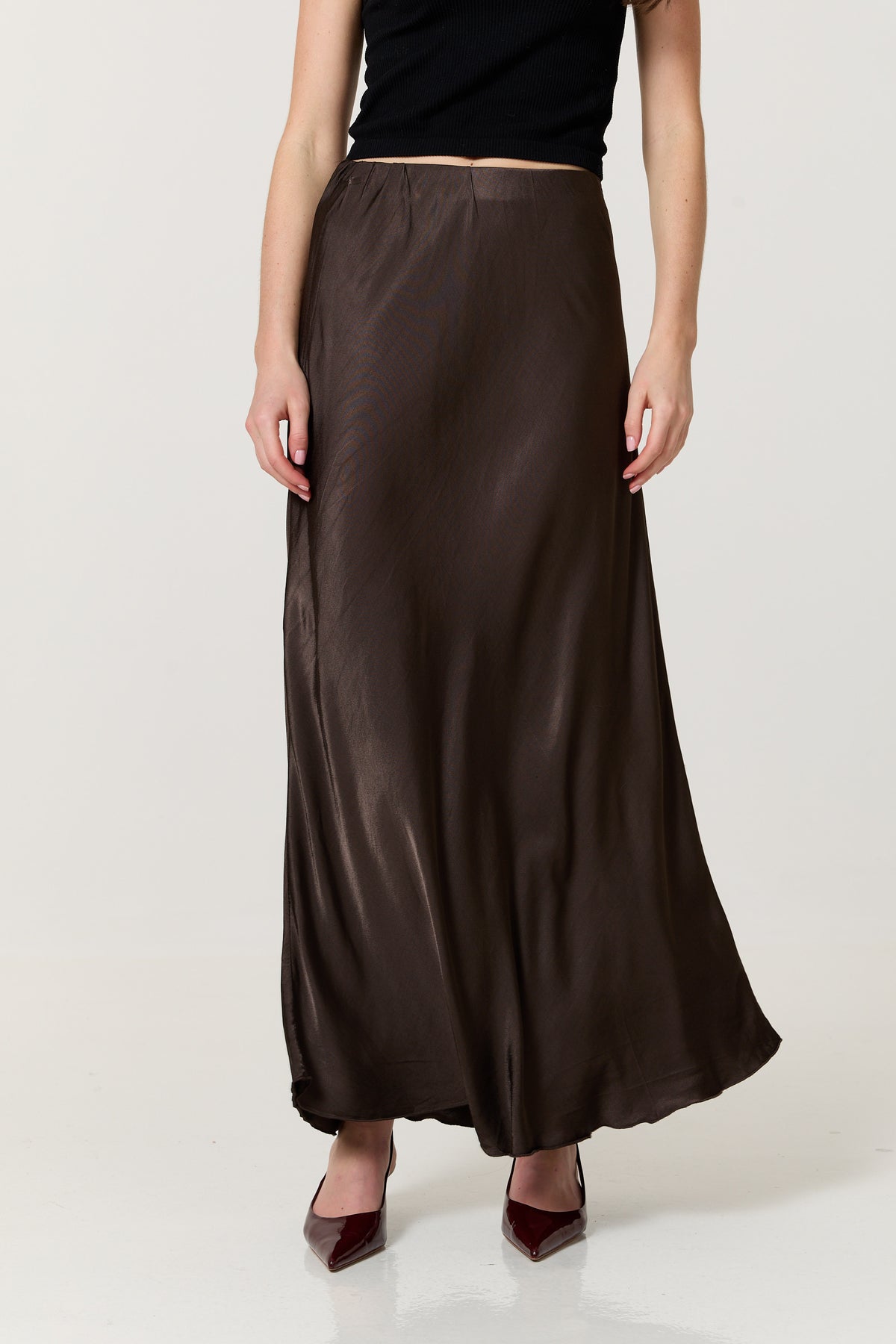 
                  
                    Chocolate Brown Satin Maxi Skirt
                  
                