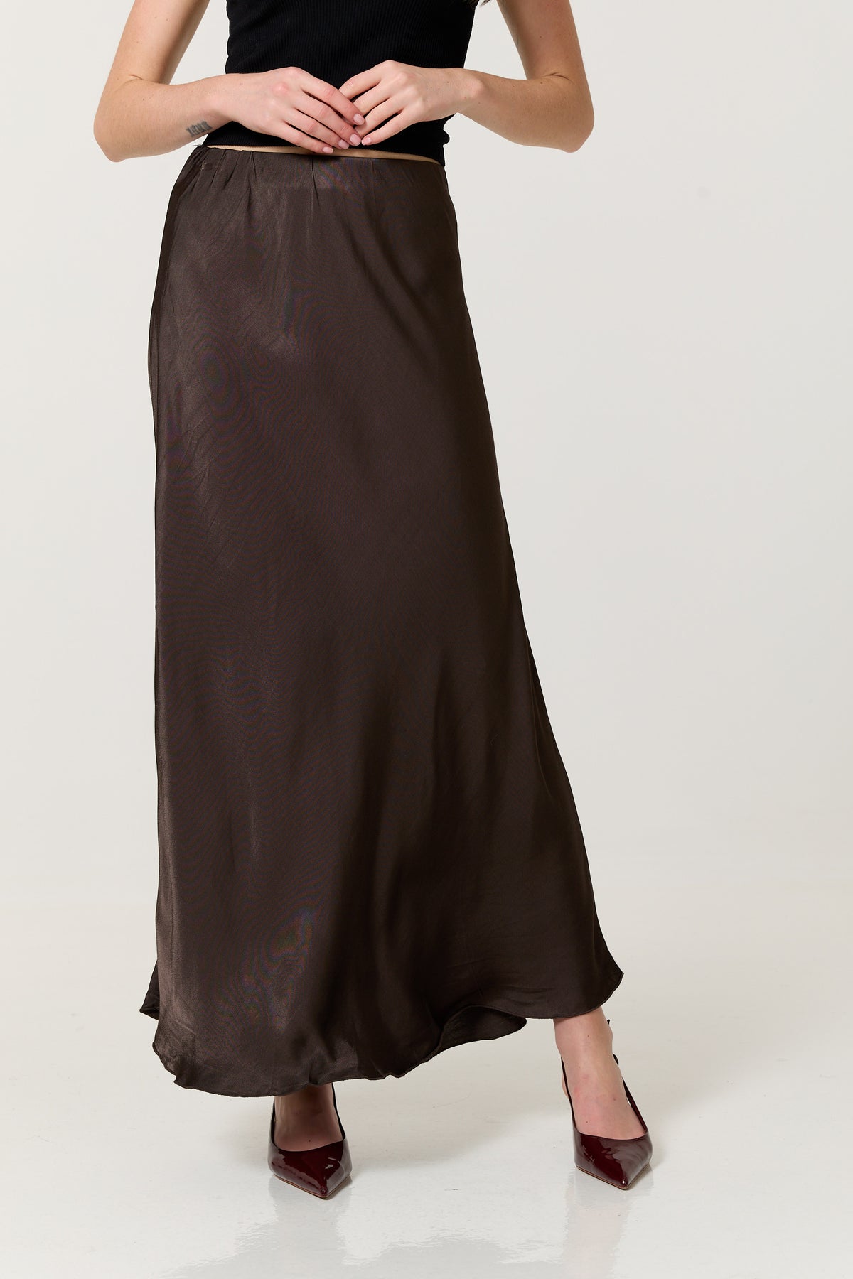 
                  
                    Chocolate Brown Satin Maxi Skirt
                  
                