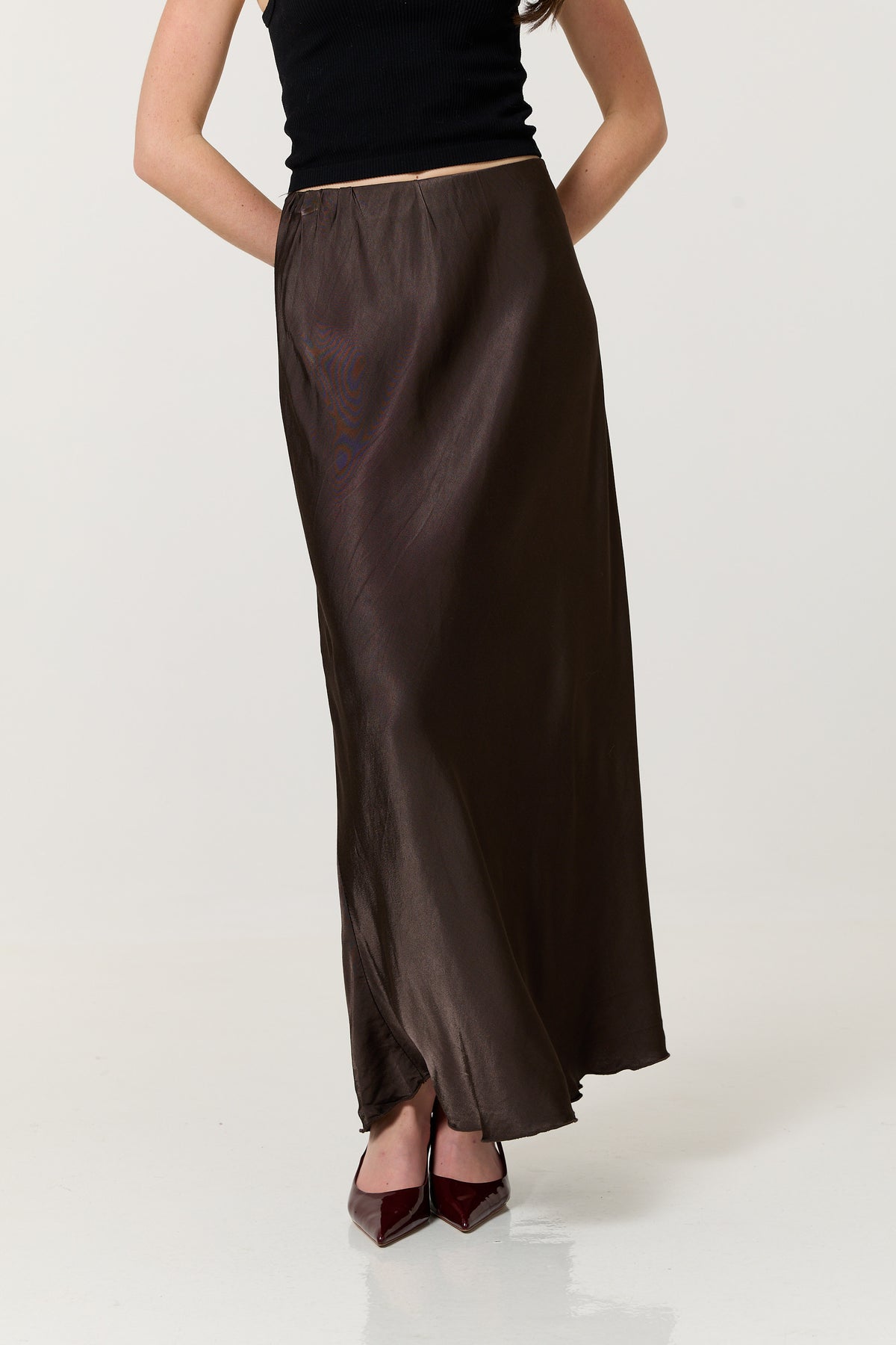
                  
                    Chocolate Brown Satin Maxi Skirt
                  
                