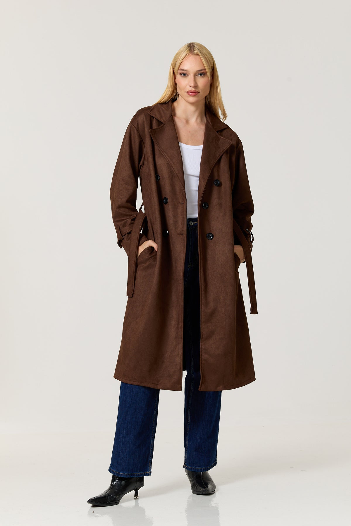 
                  
                    Brown Faux Suede Belted Trench Coat
                  
                