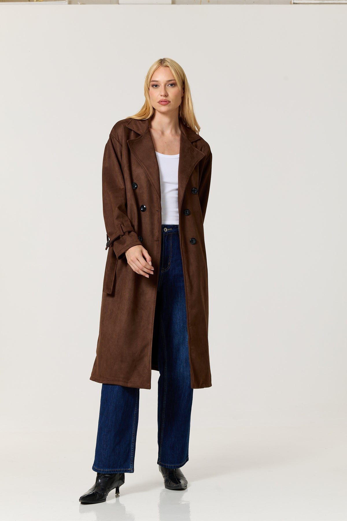 
                  
                    Brown Faux Suede Belted Trench Coat
                  
                