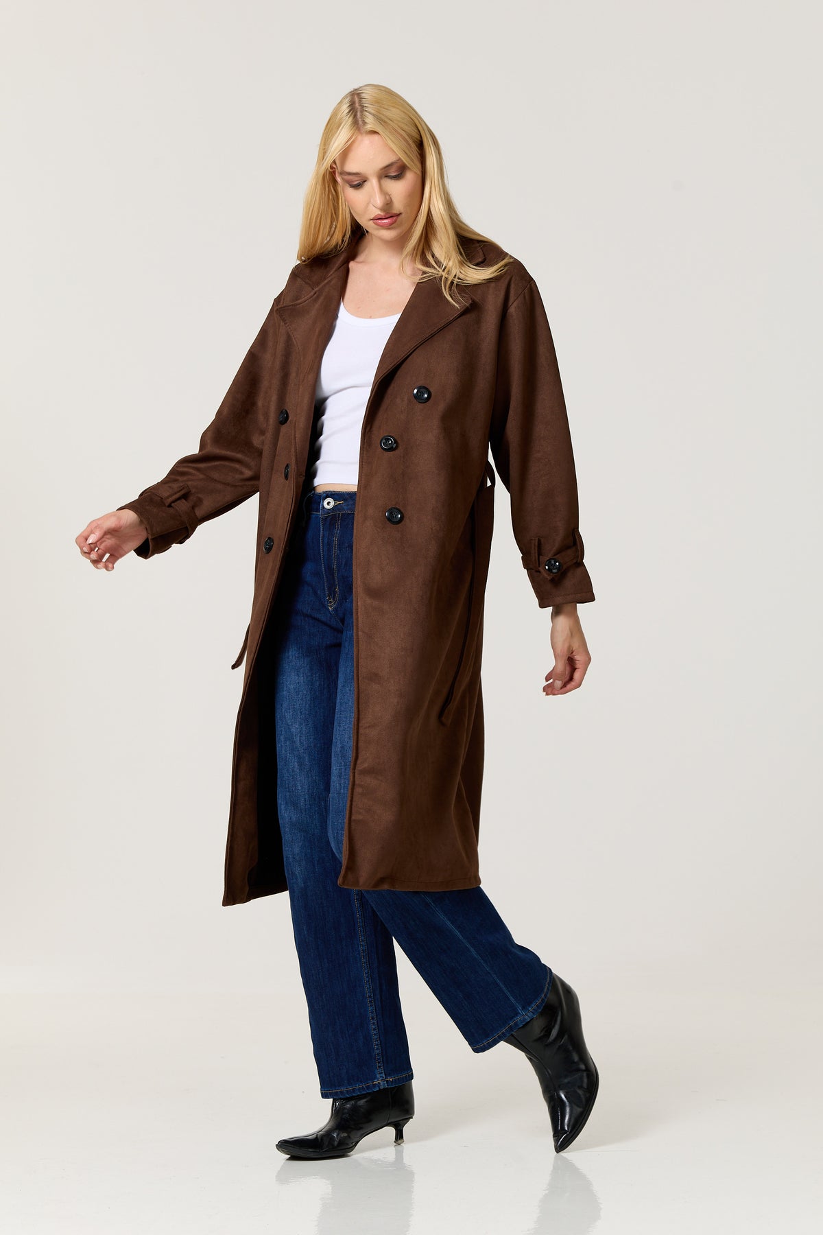 
                  
                    Brown Faux Suede Belted Trench Coat
                  
                
