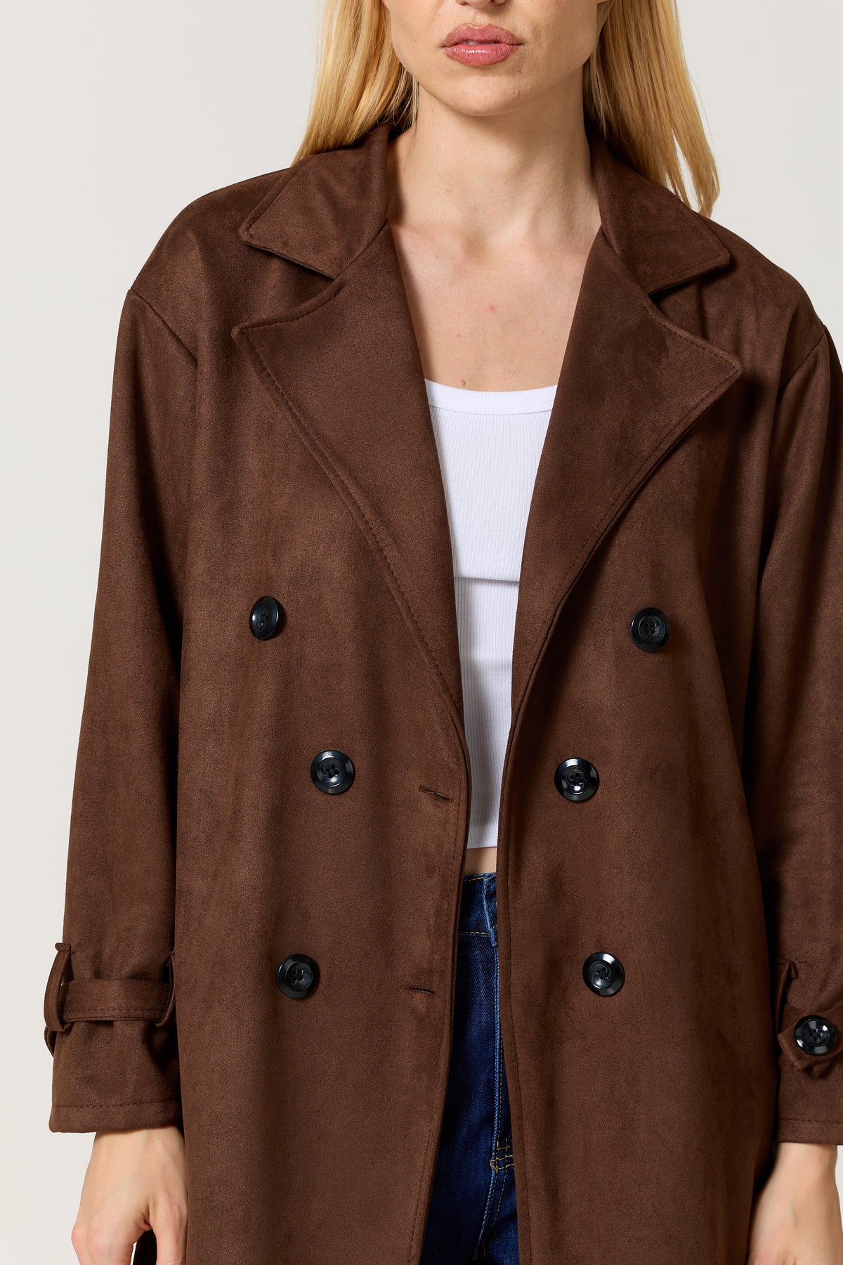 
                  
                    Brown Faux Suede Belted Trench Coat
                  
                