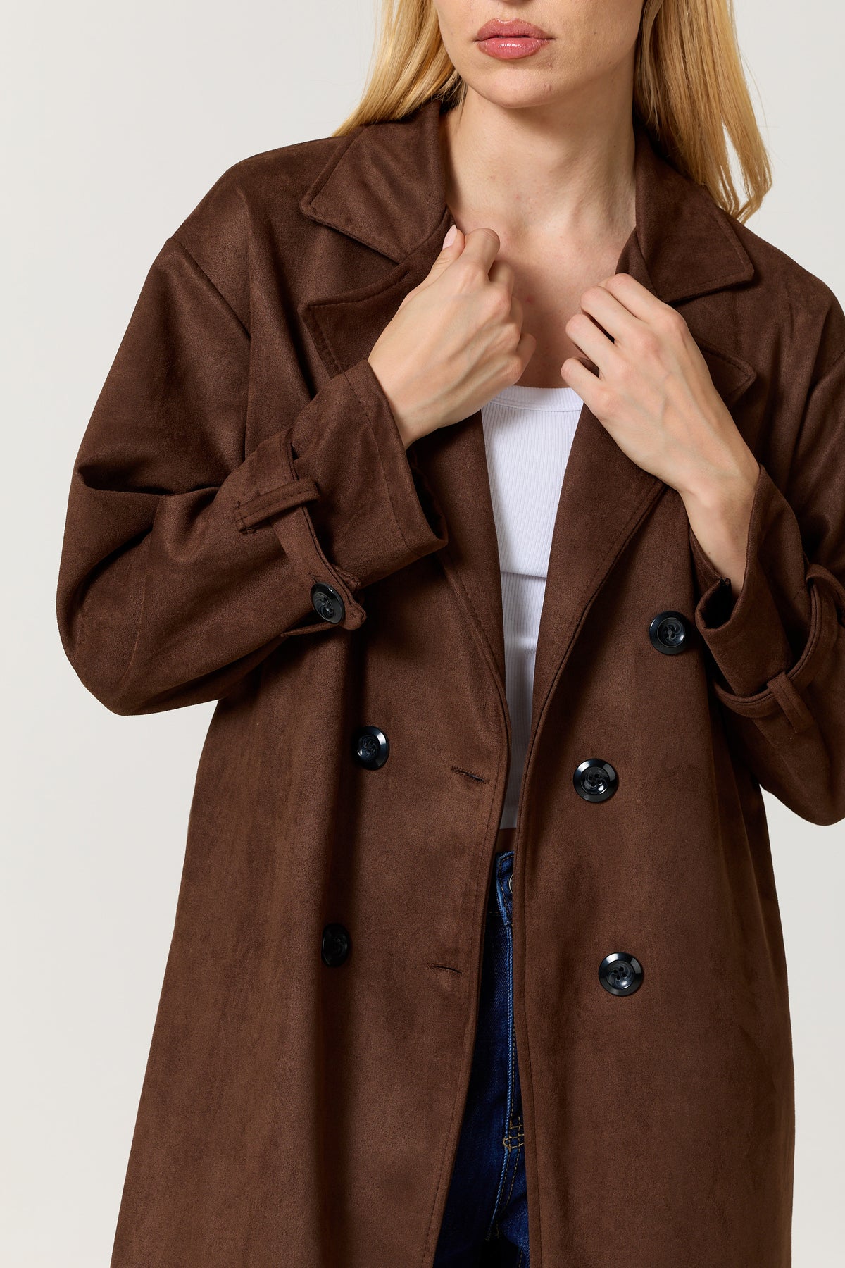 
                  
                    Brown Faux Suede Belted Trench Coat
                  
                