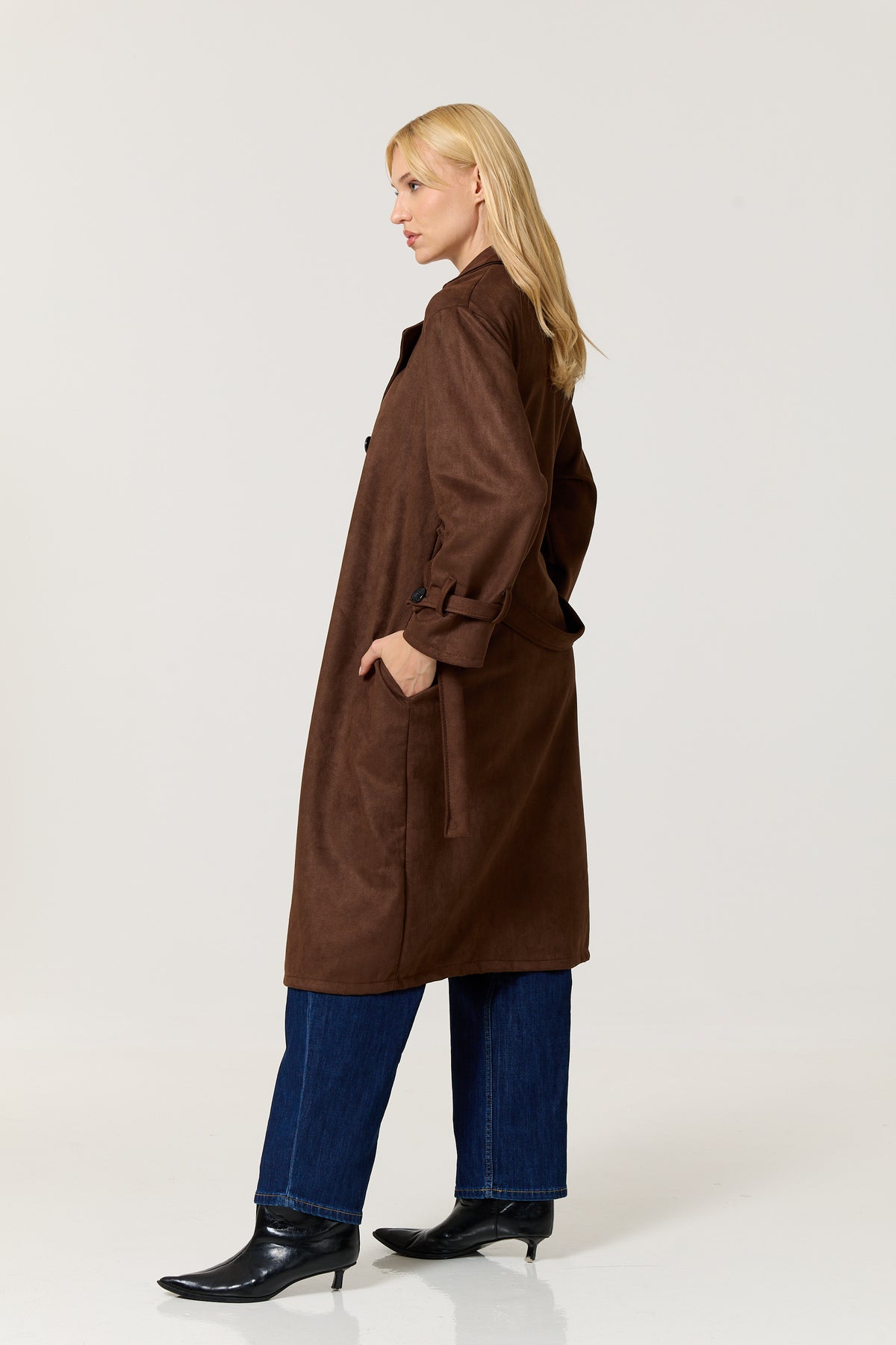 
                  
                    Brown Faux Suede Belted Trench Coat
                  
                