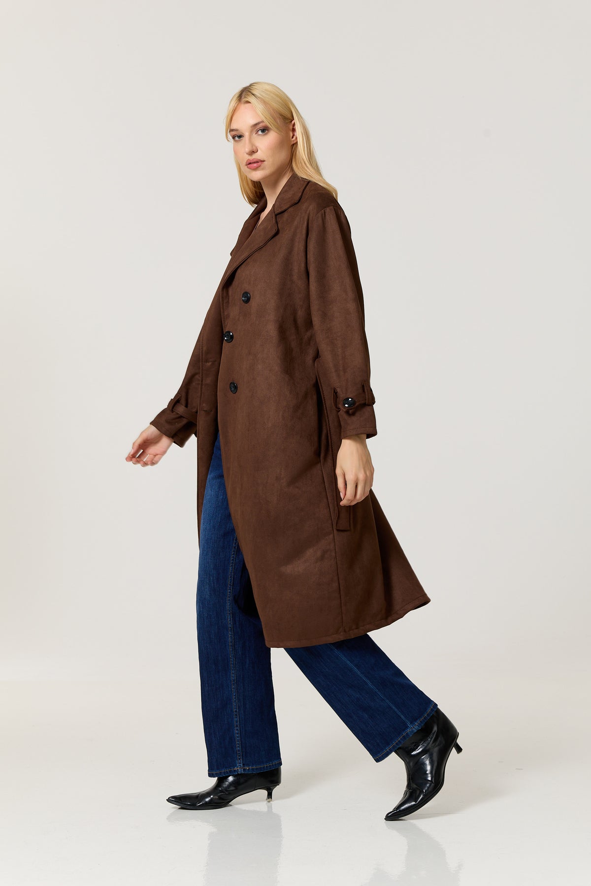 
                  
                    Brown Faux Suede Belted Trench Coat
                  
                