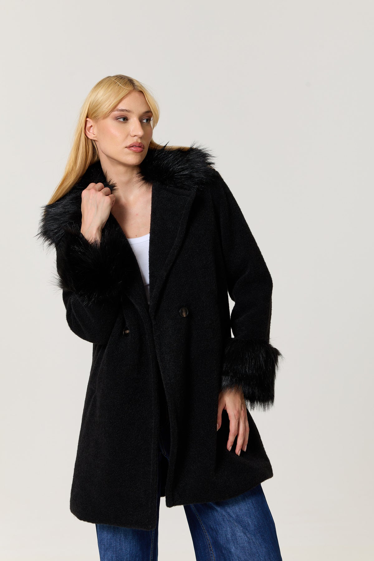 
                  
                    Black Faux Fur Trim Long Coat
                  
                