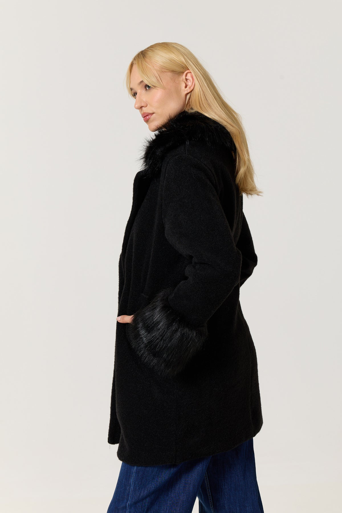 
                  
                    Black Faux Fur Trim Long Coat
                  
                