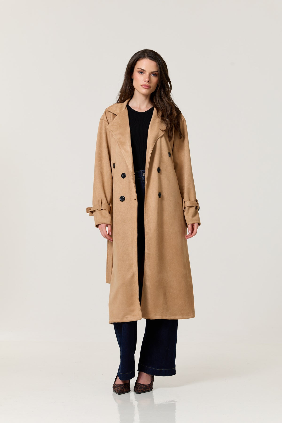 
                  
                    Camel Faux Suede Belted Trench Coat
                  
                