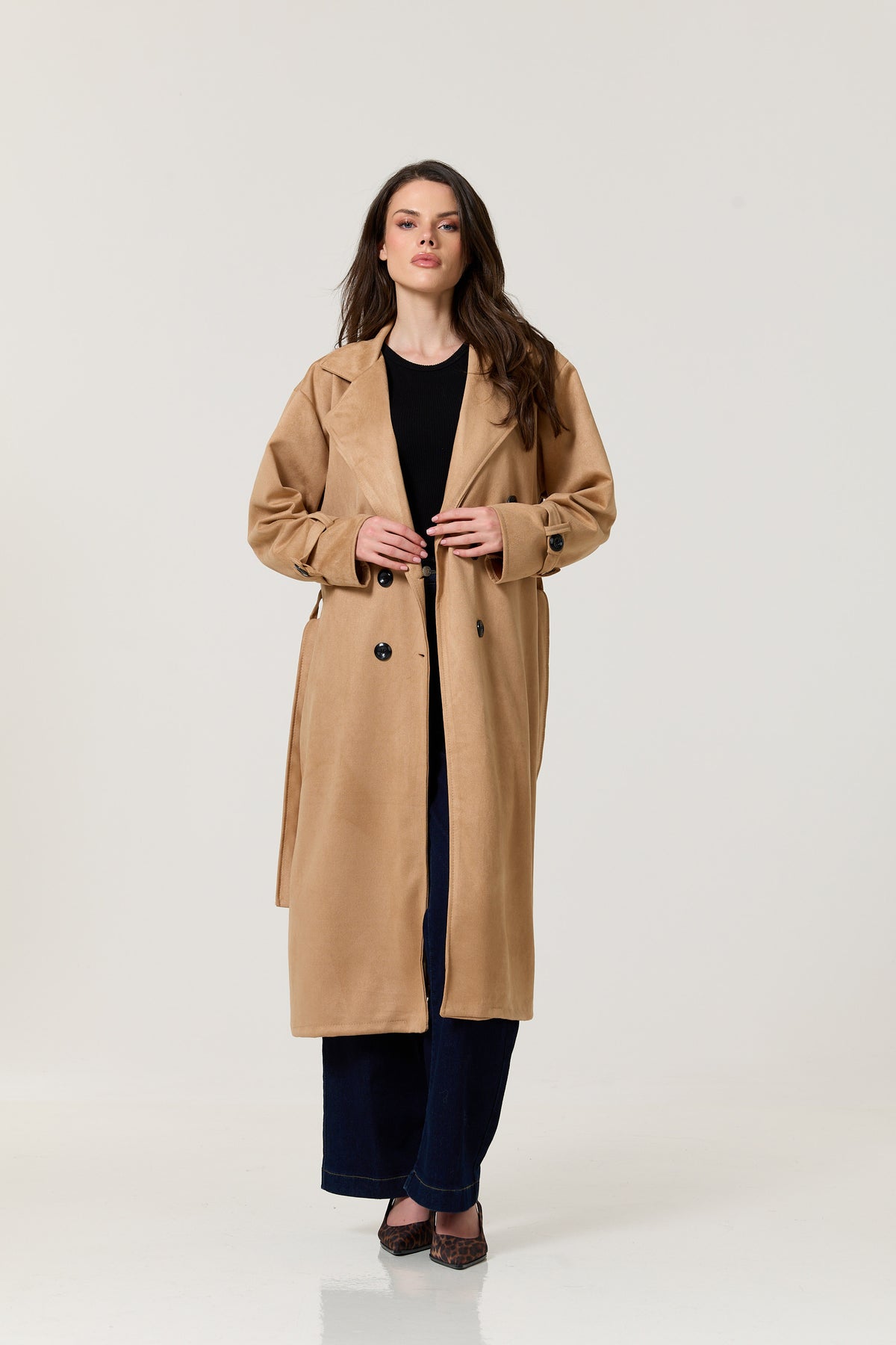 
                  
                    Camel Faux Suede Belted Trench Coat
                  
                