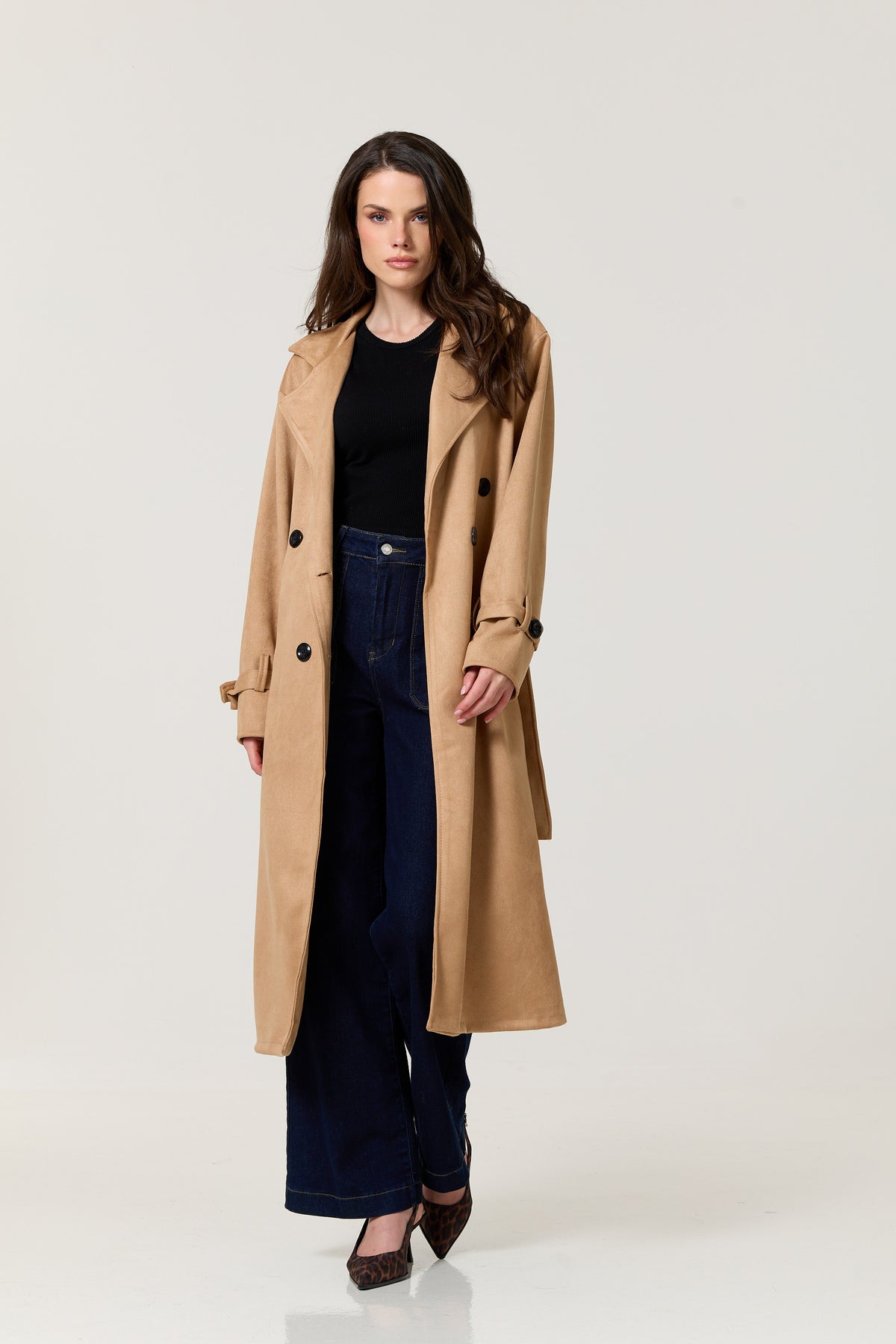 
                  
                    Camel Faux Suede Belted Trench Coat
                  
                