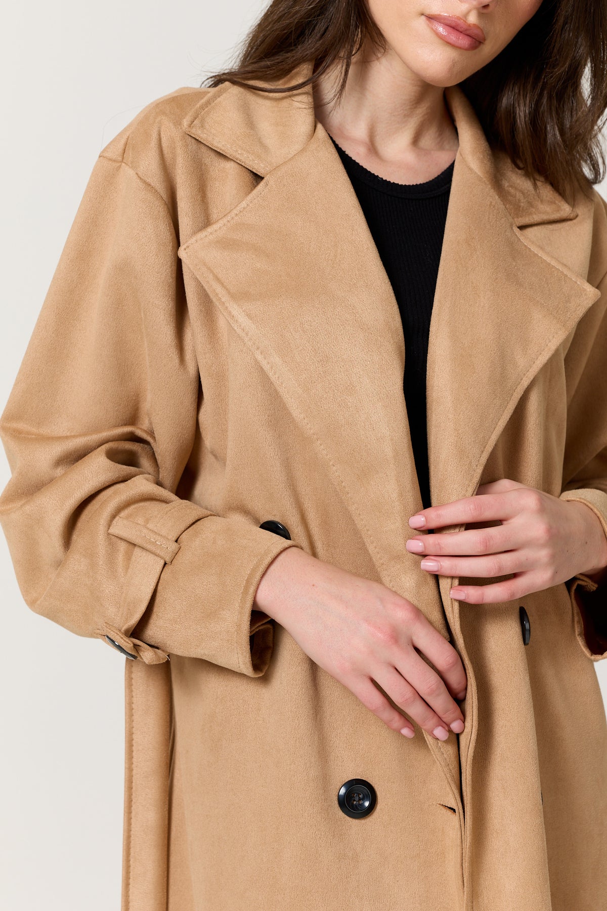 
                  
                    Camel Faux Suede Belted Trench Coat
                  
                