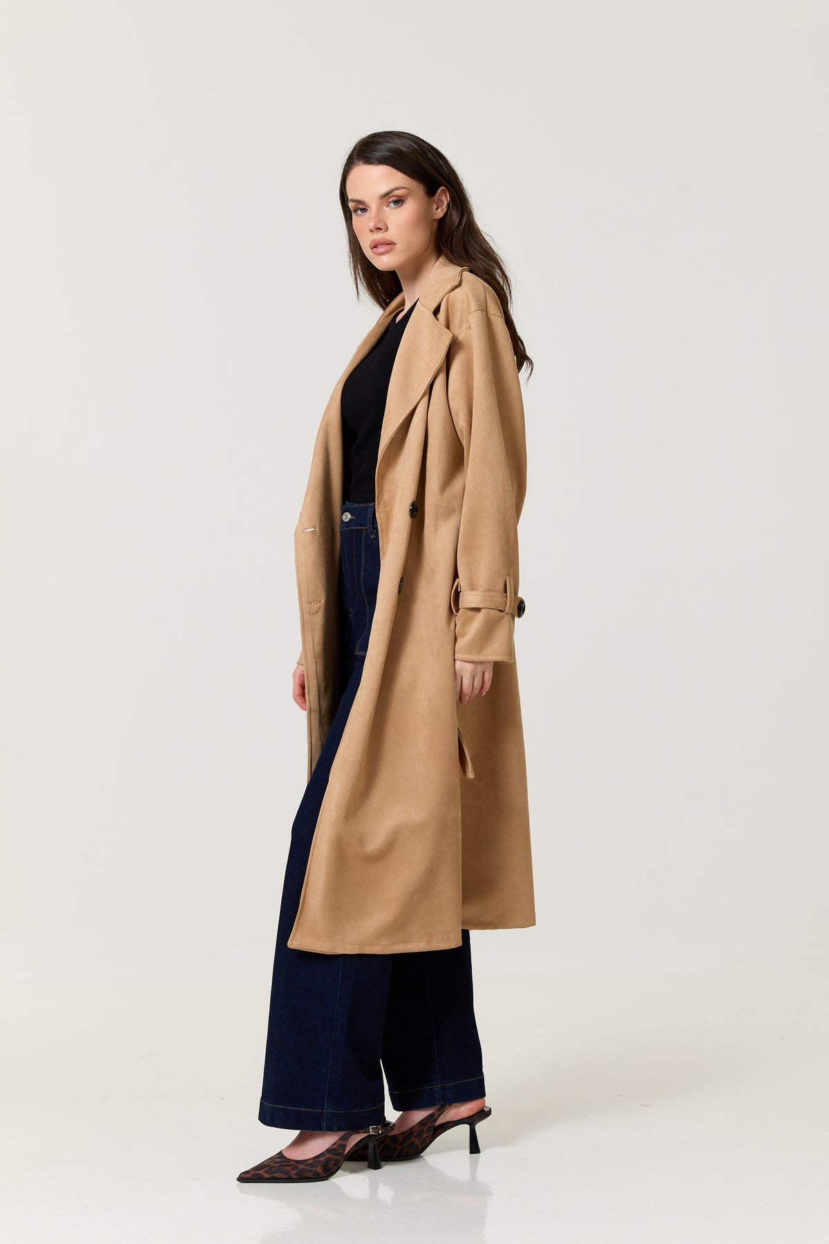
                  
                    Camel Faux Suede Belted Trench Coat
                  
                