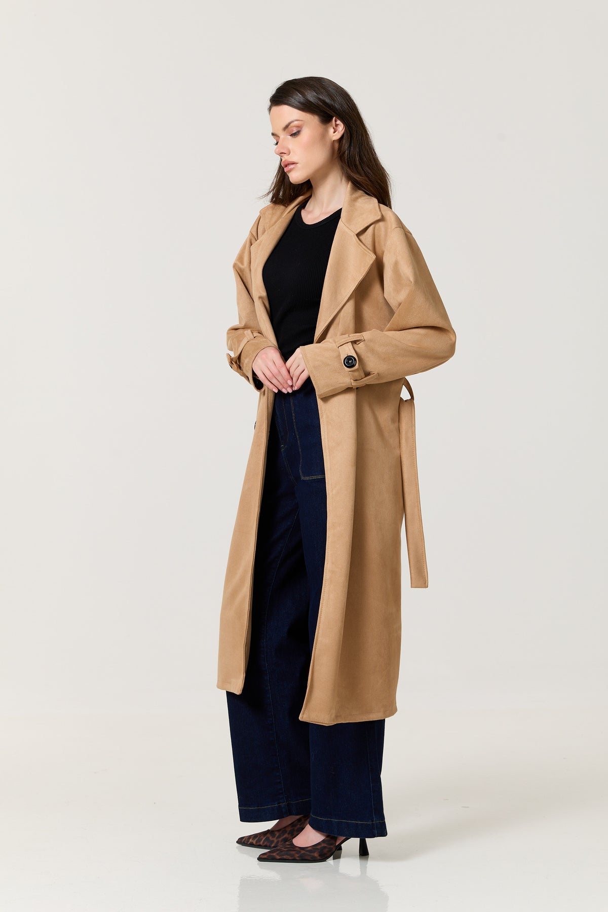 
                  
                    Camel Faux Suede Belted Trench Coat
                  
                