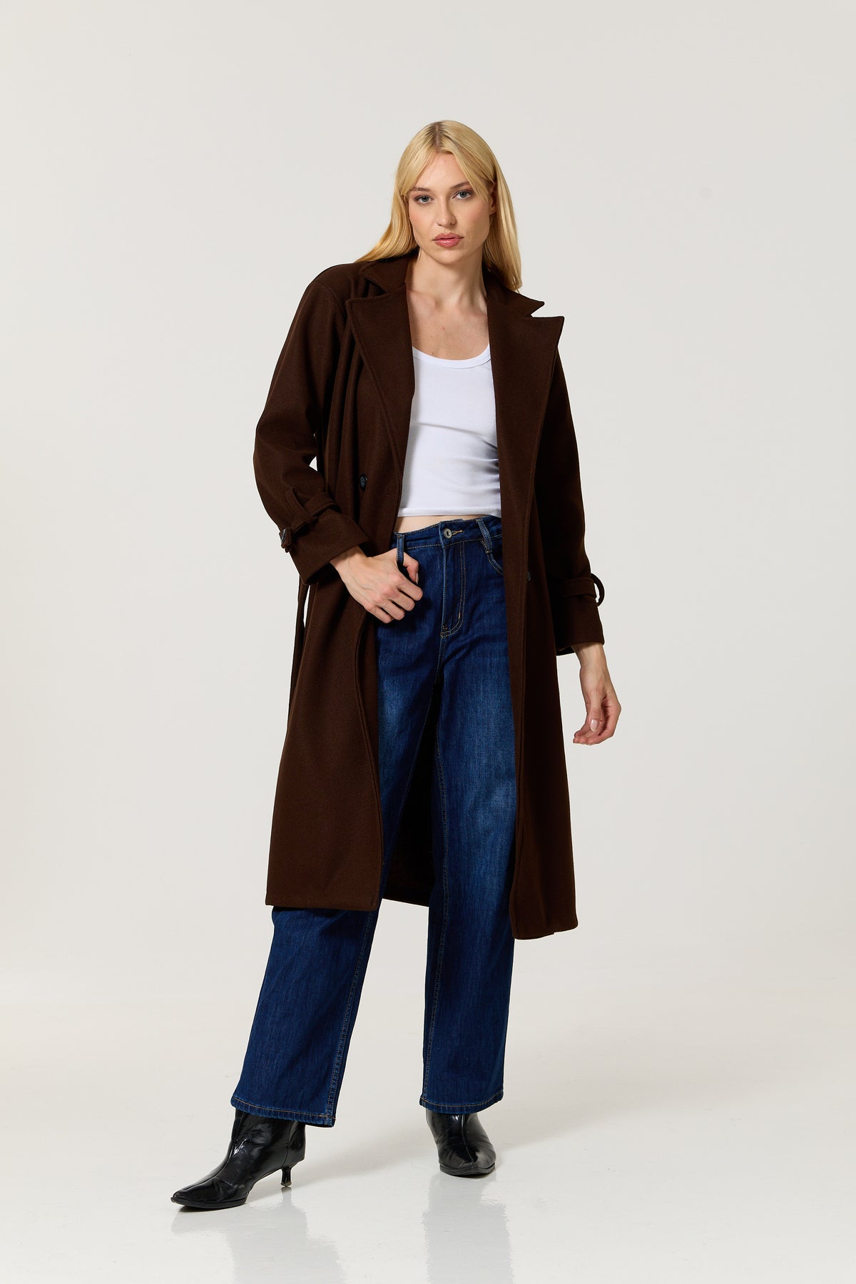 
                  
                    Brown Double Breasted Belted Long Coat
                  
                