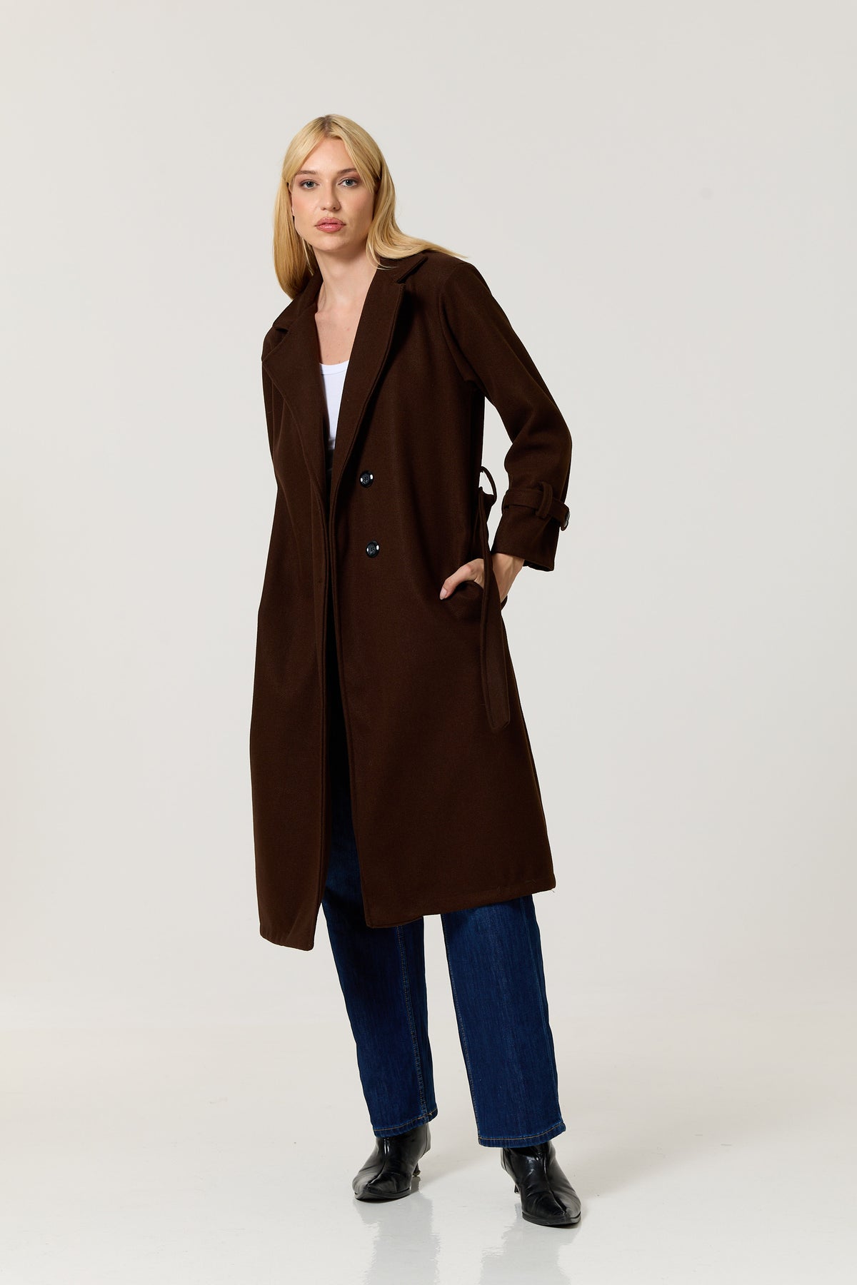 
                  
                    Brown Double Breasted Belted Long Coat
                  
                