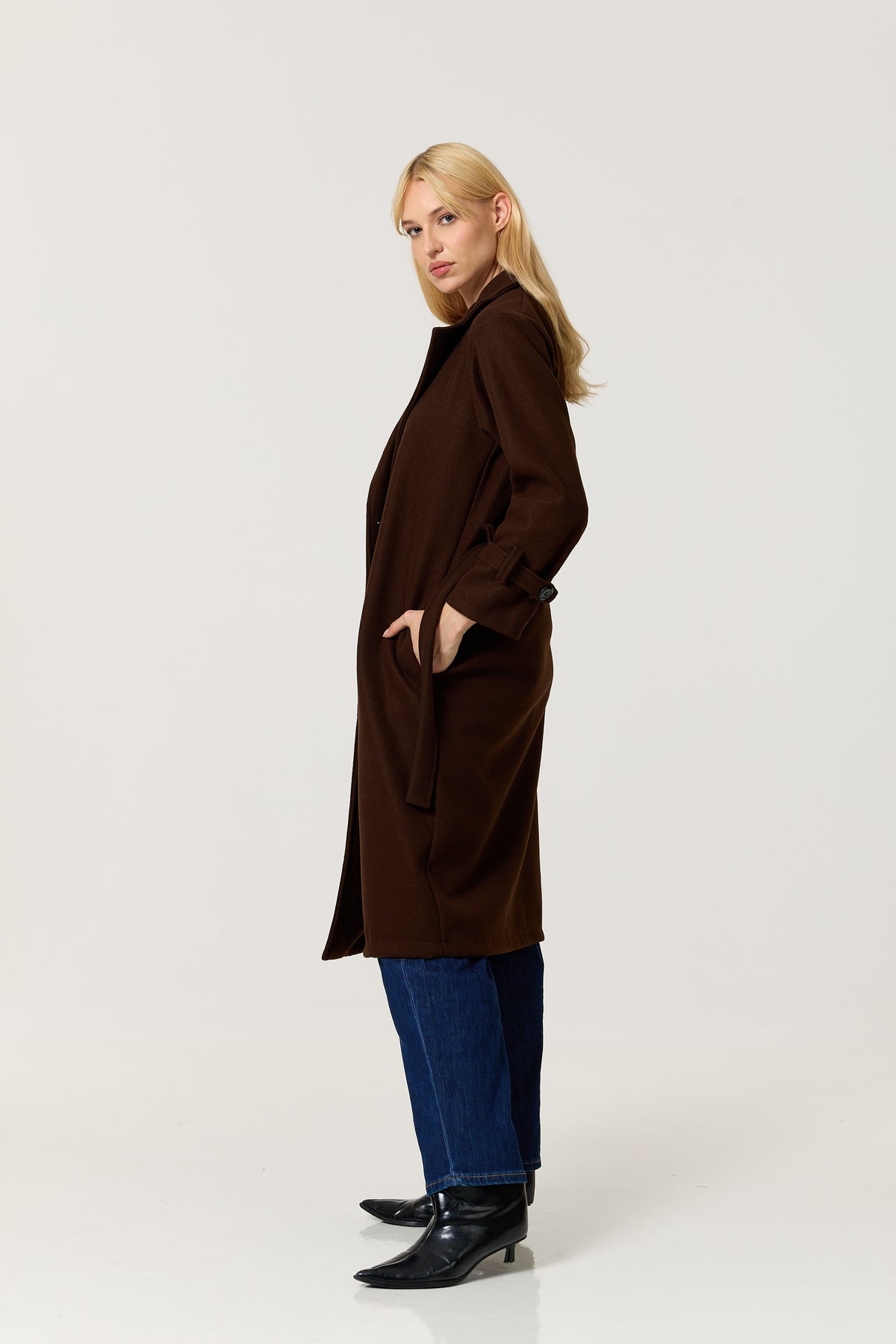 
                  
                    Brown Double Breasted Belted Long Coat
                  
                