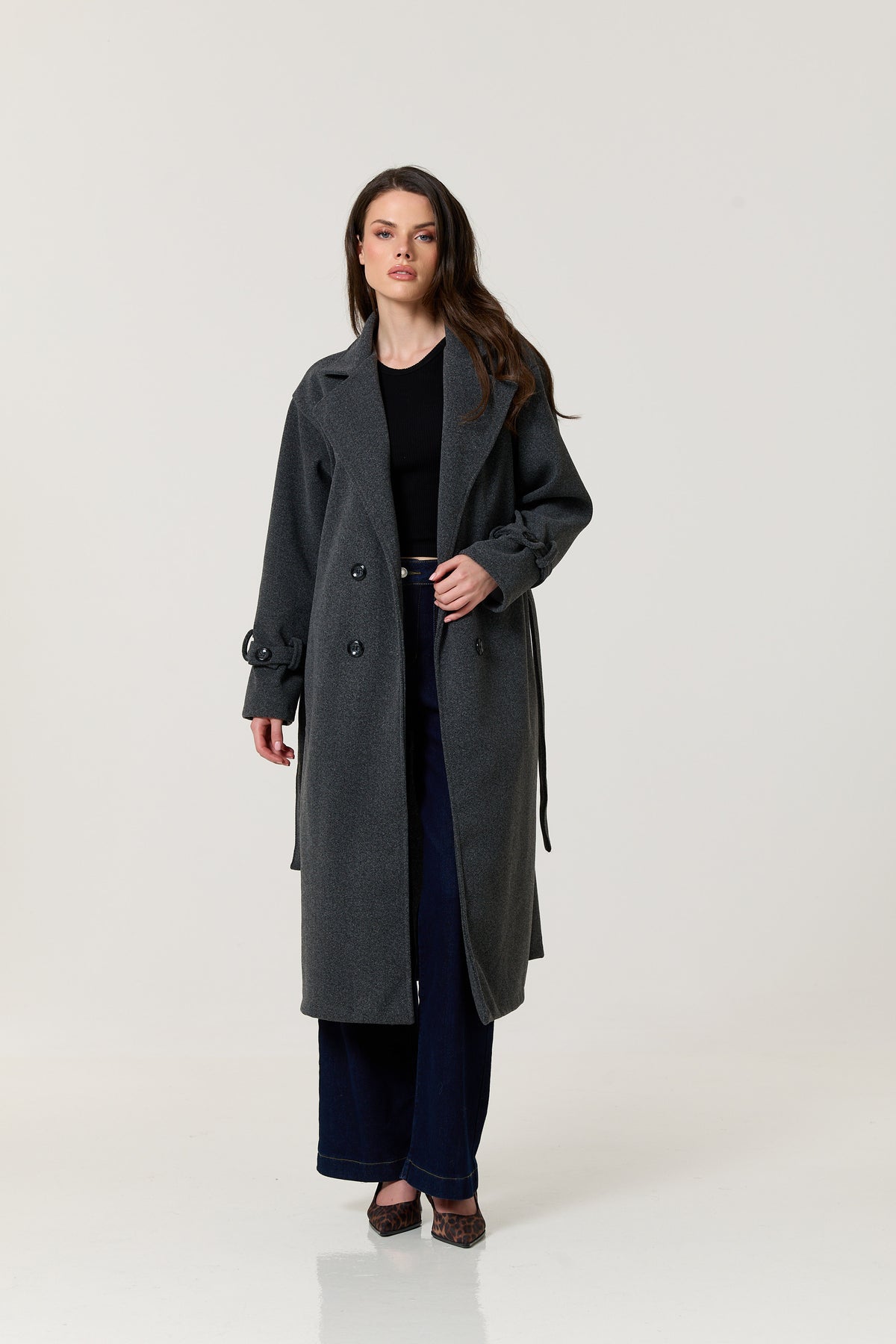 
                  
                    Charcoal Double Breasted Belted Coat
                  
                
