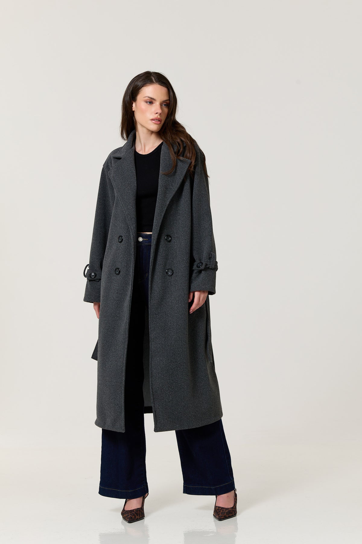
                  
                    Charcoal Double Breasted Belted Coat
                  
                