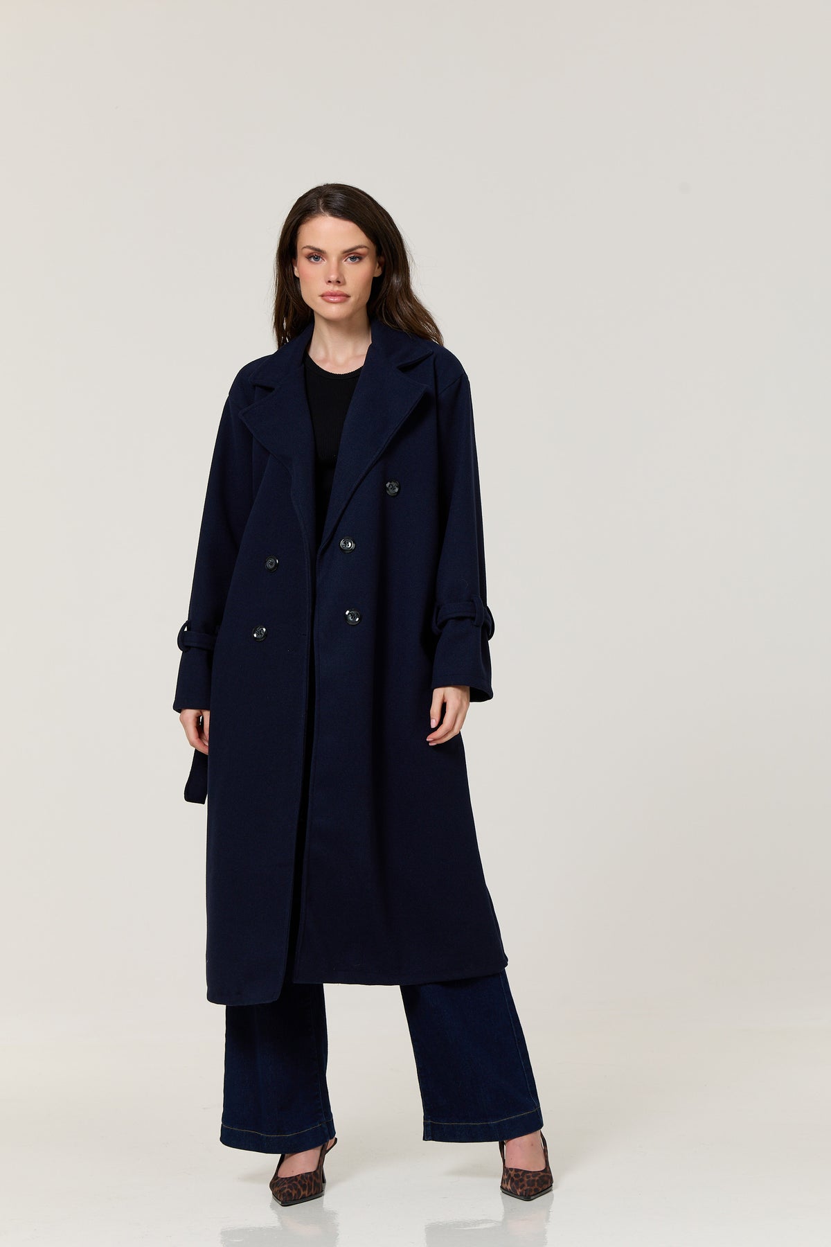 
                  
                    Navy Double Breasted Belted Long Coat
                  
                
